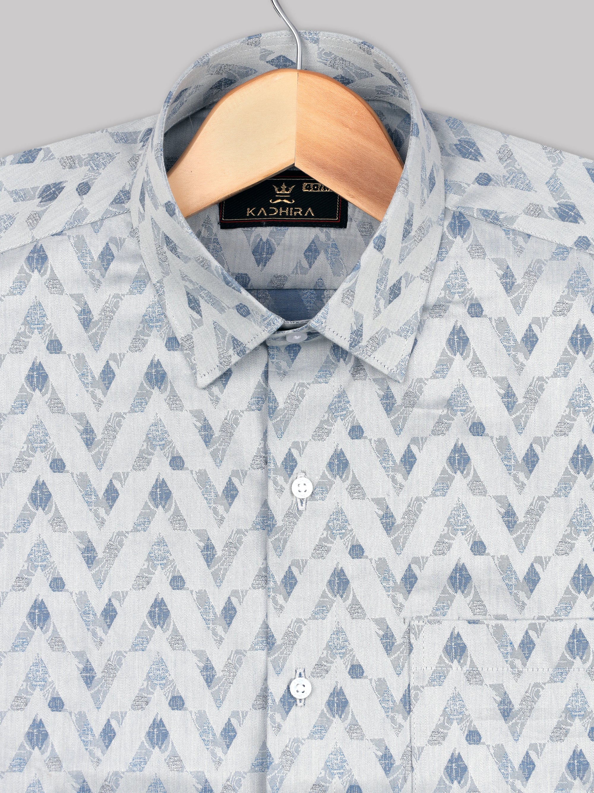 Light Gray With Blue V-Shape Seamless Jacquard Premium Cotton Shirt