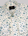 Pastel Cream With Teal Flower Printed Premium Cotton Shirt-[ONSALE]