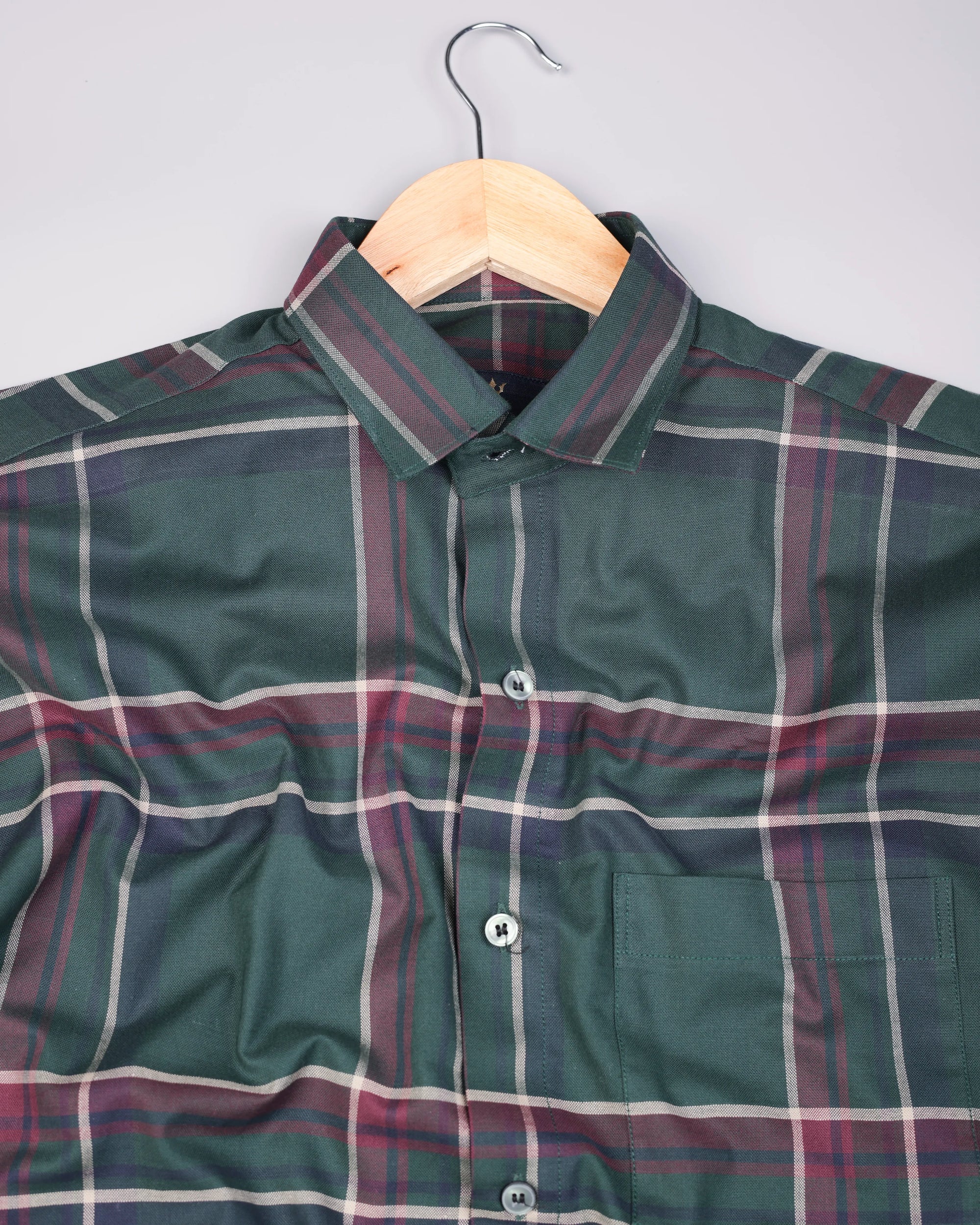 Deep Jungle Green Color With Ruby Red Checkered Premium Giza Cotton Shirt