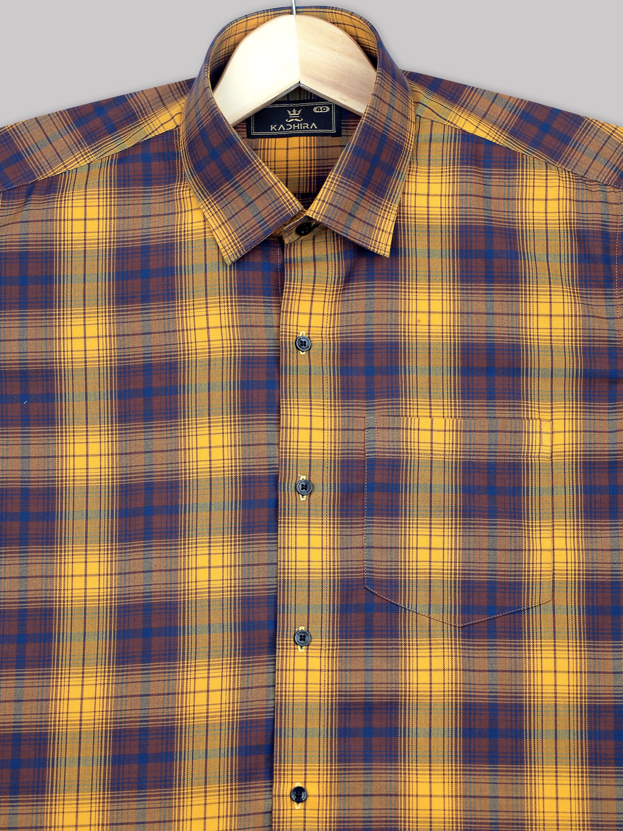 Mustard Yellow With Brown-Blue Plaid Premium Cotton Shirt