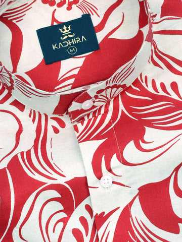 Alhambra Cream With Neon Red Floral Printed Premium Cotton Shirt