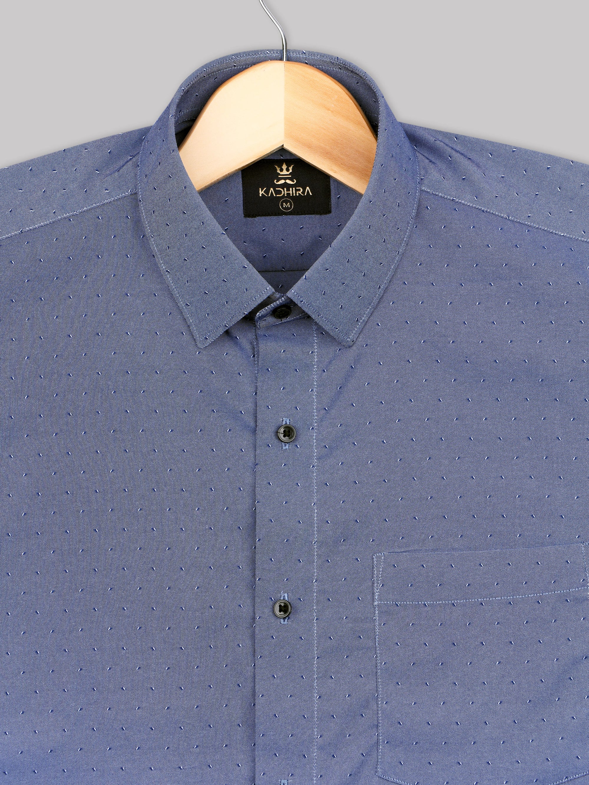 Steel Blue With White Small Dot And Zigzag Cotton Shirt