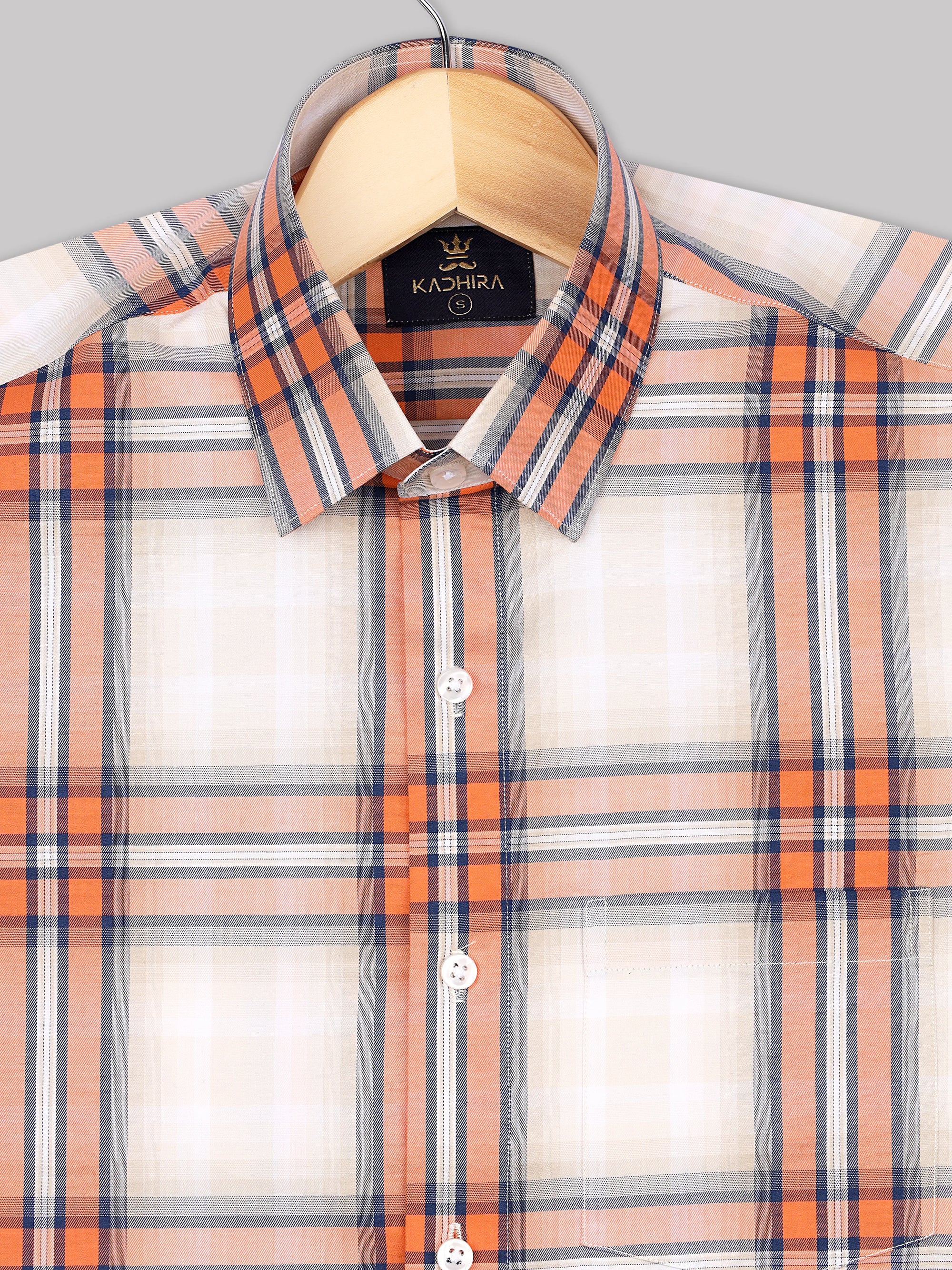 Soft Cream With Orange Dupplin checks Premium Cotton Shirt
