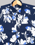 Dark Navy With White-Blue Floral Printed Premium Cotton Shirt