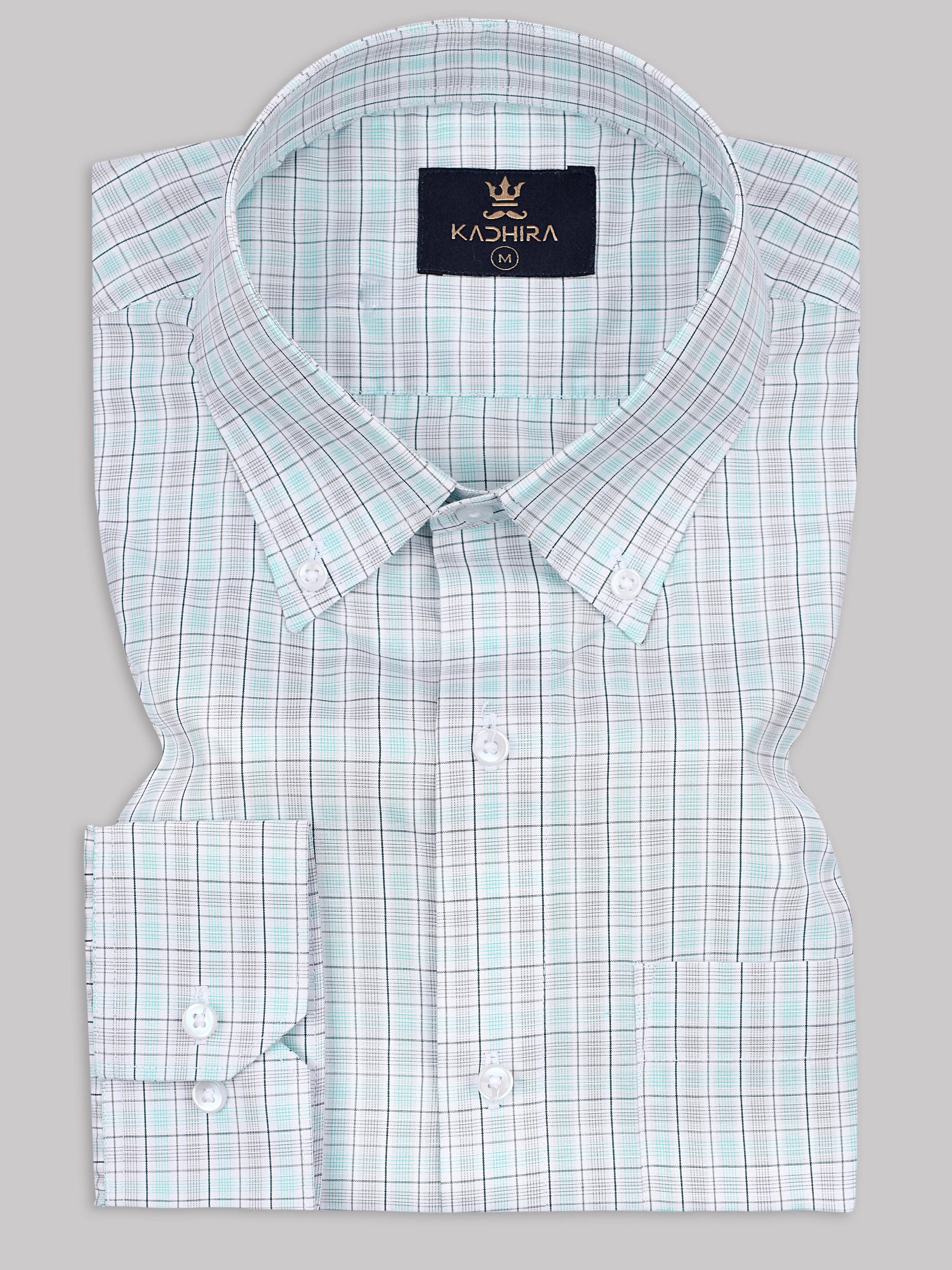 Vista White With Dark Turquoise- Gray Tartan checks Premium Cotton Shirt