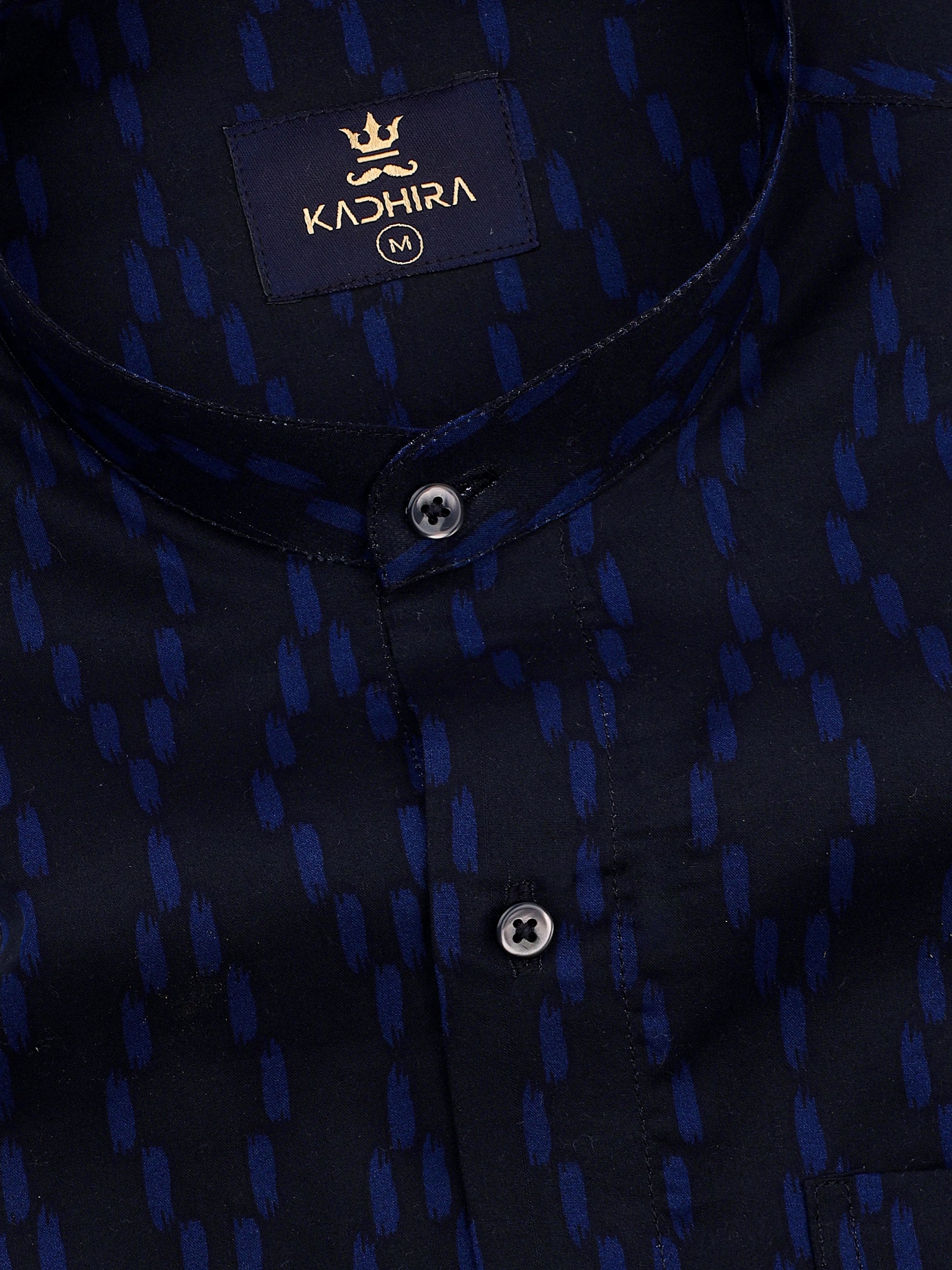 Crow Black With Persian Blue Ikat Patterns Printed Premium Cotton Shirt