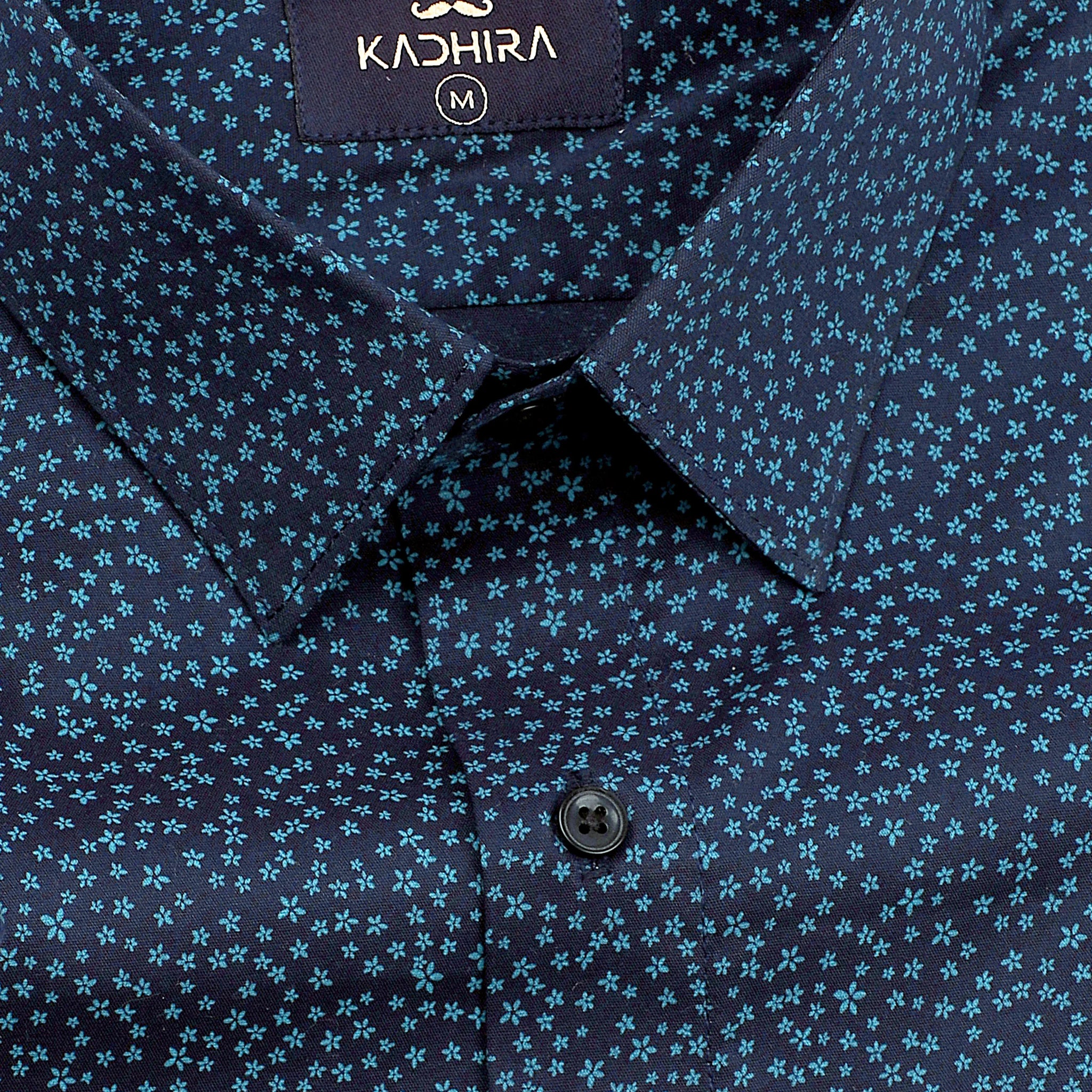 Night Navy Blue With Capri Blue Small Flower Printed Premium Cotton Shirt