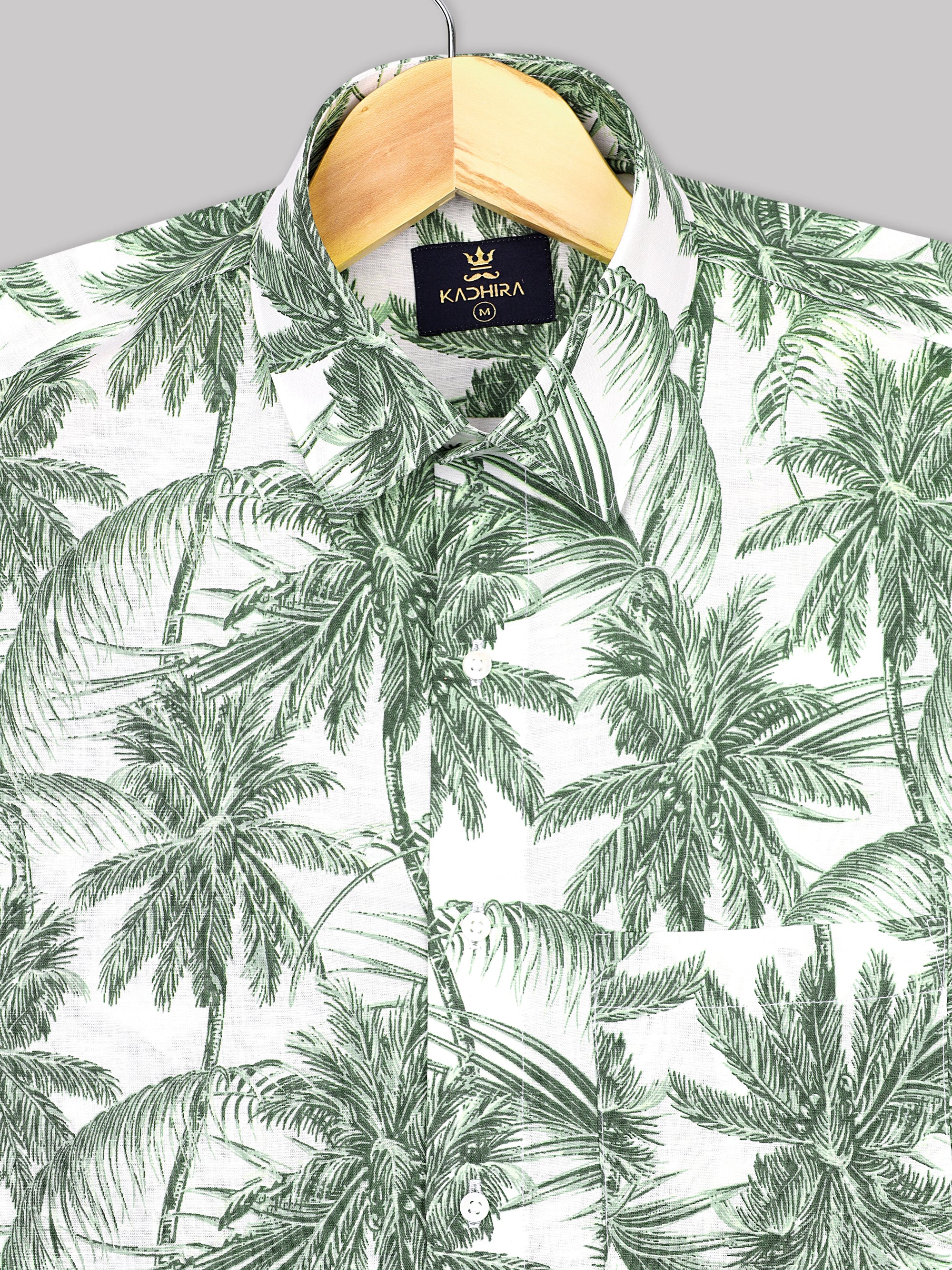 Pearl White With Green Shades Coconut Tree Printed Premium Cotton Shirt
