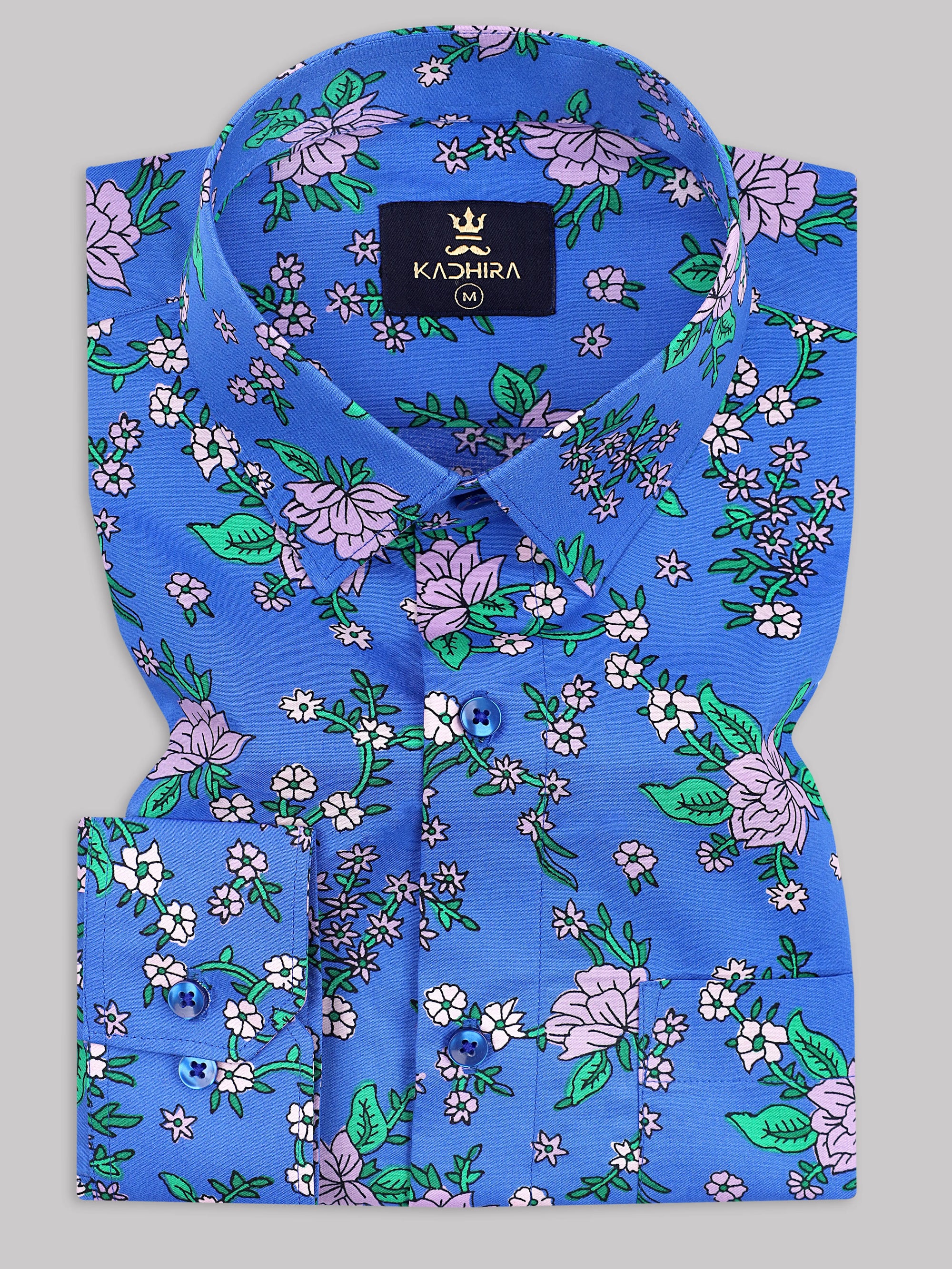 Royal Blue With Light Pink Flower Printed Premium Cotton Shirt