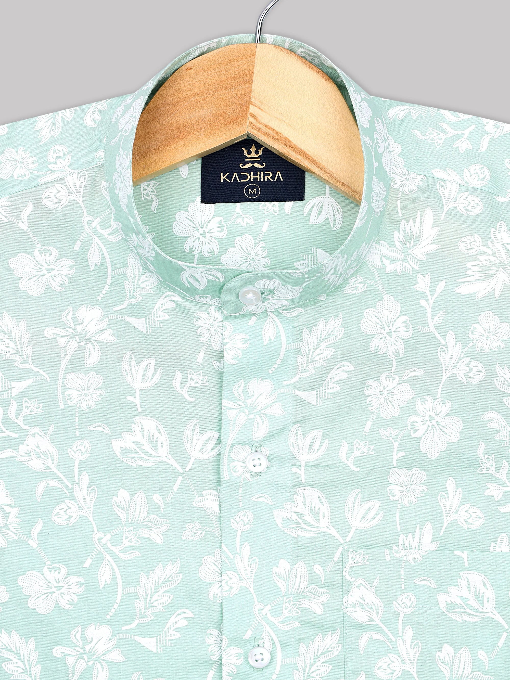 Celadon Green  With White Spring Floral Printed Premium Cotton Shirt
