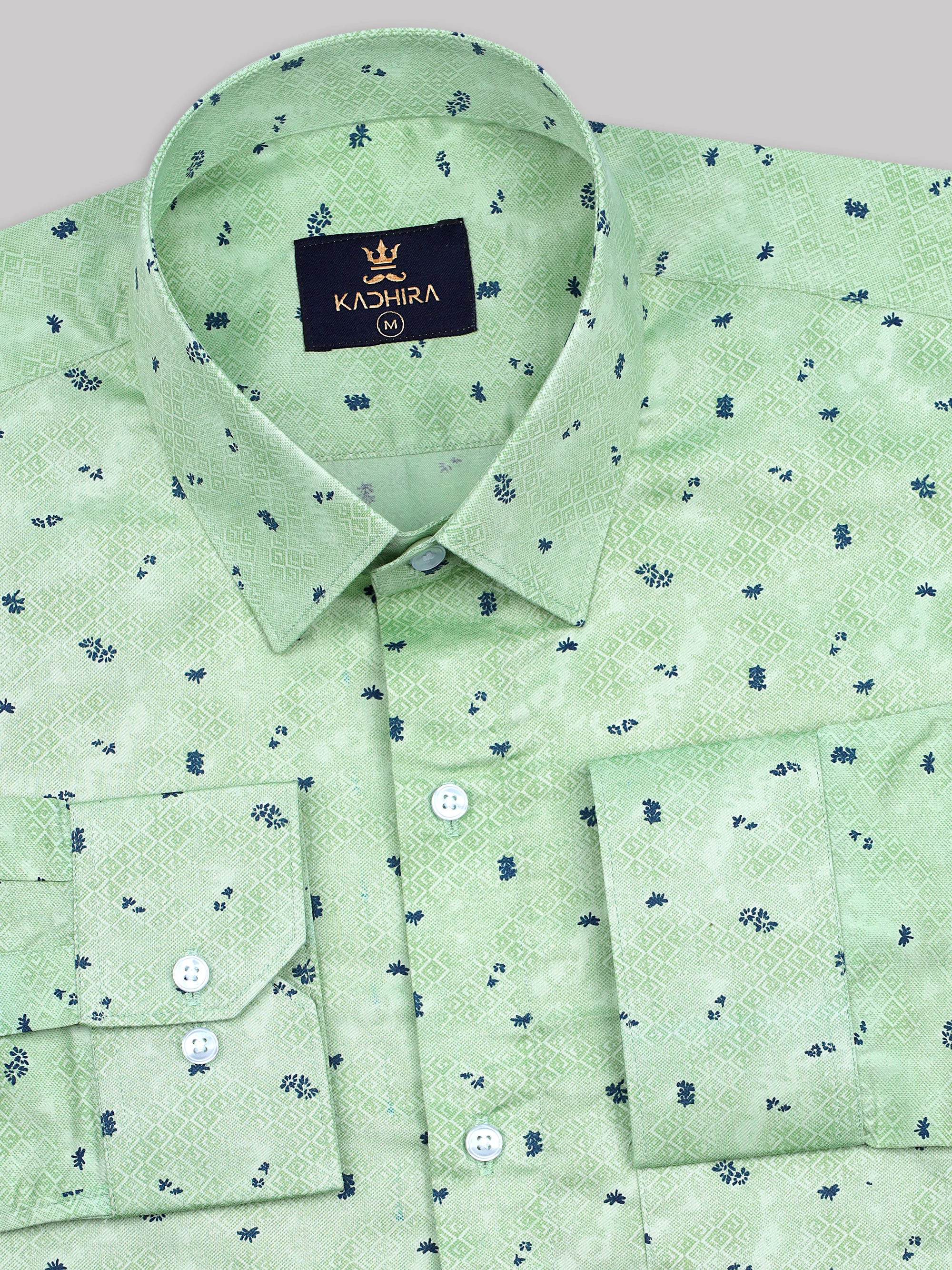Pista Green With Small Leaves Printed Super Premium Cotton Shirt