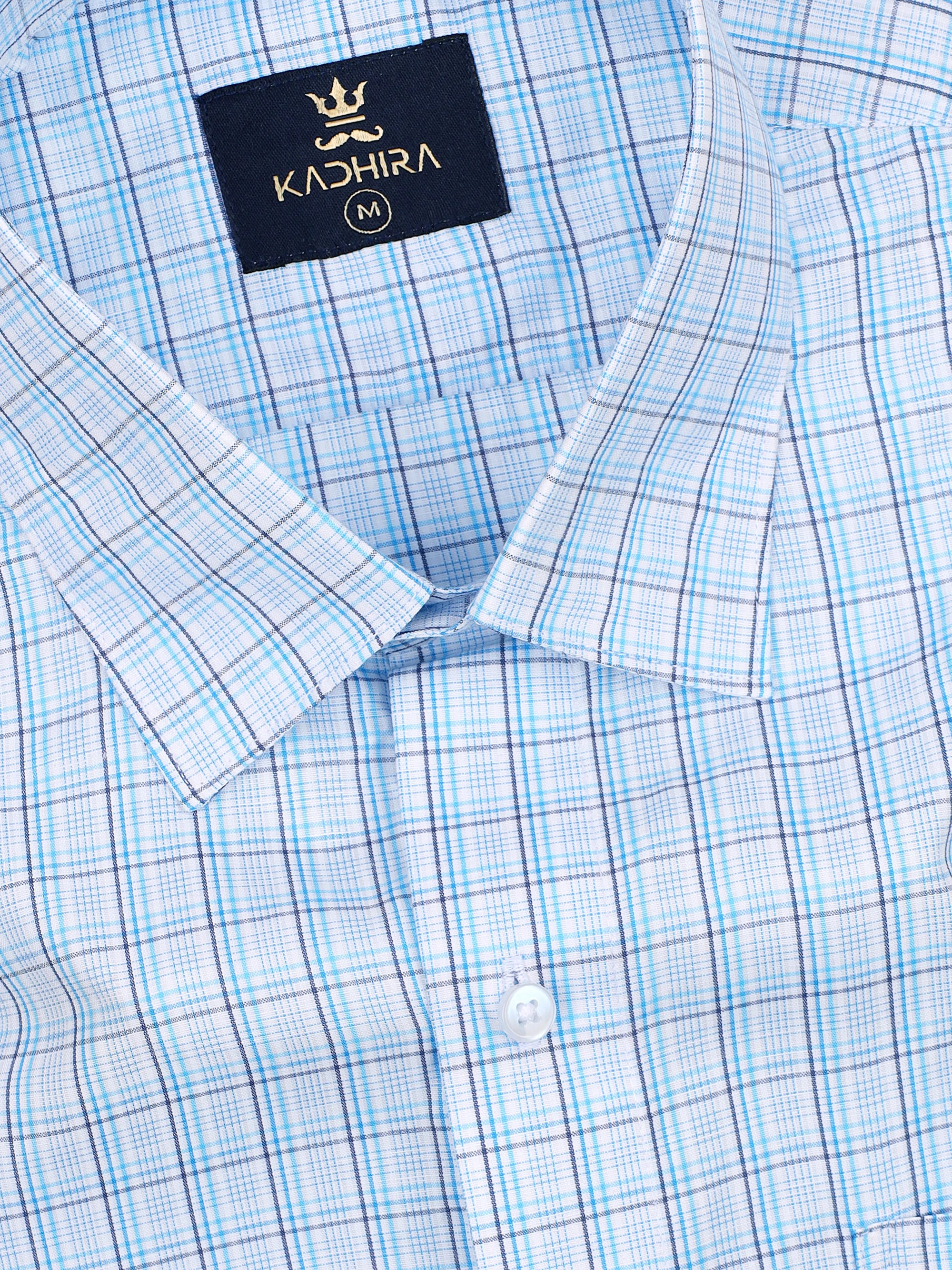 Twitter Blue With Gray Tartan Checkered Premium Cotton Shirt