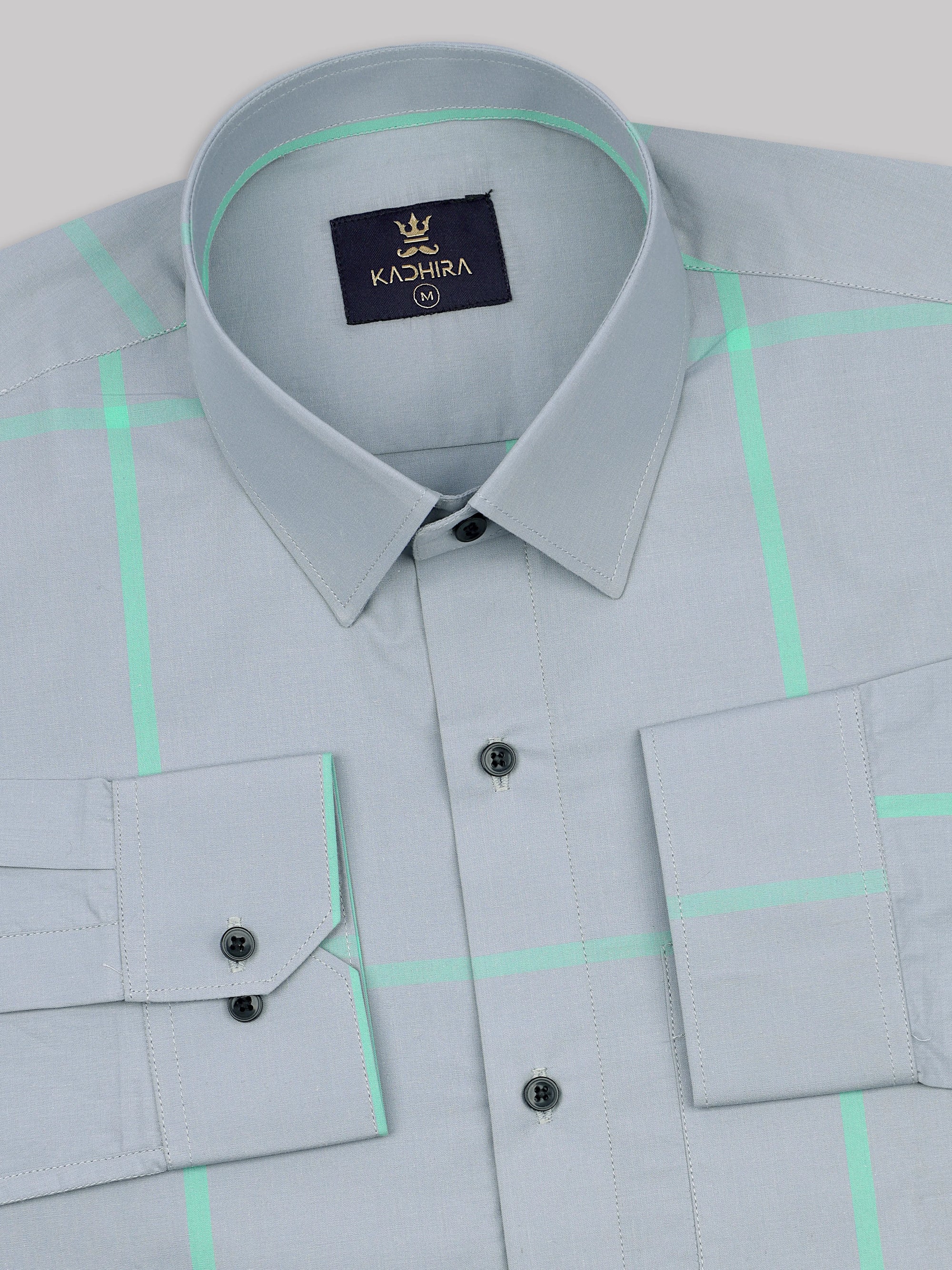 Light Gray With Green Windowpane Checkered  Premium Cotton Shirt