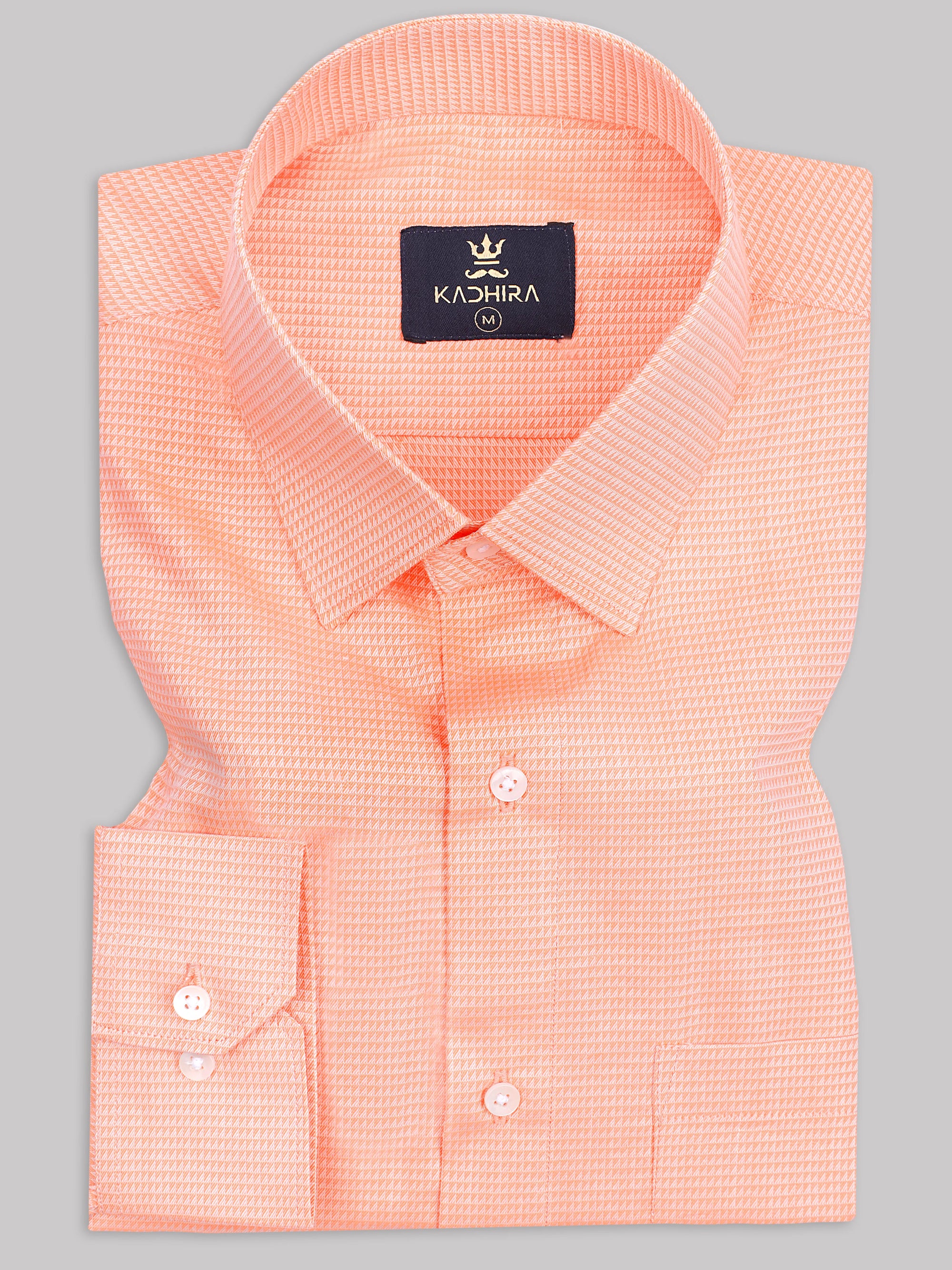 Apricot Orange Dobby Textured Jacquard Cotton Shirt