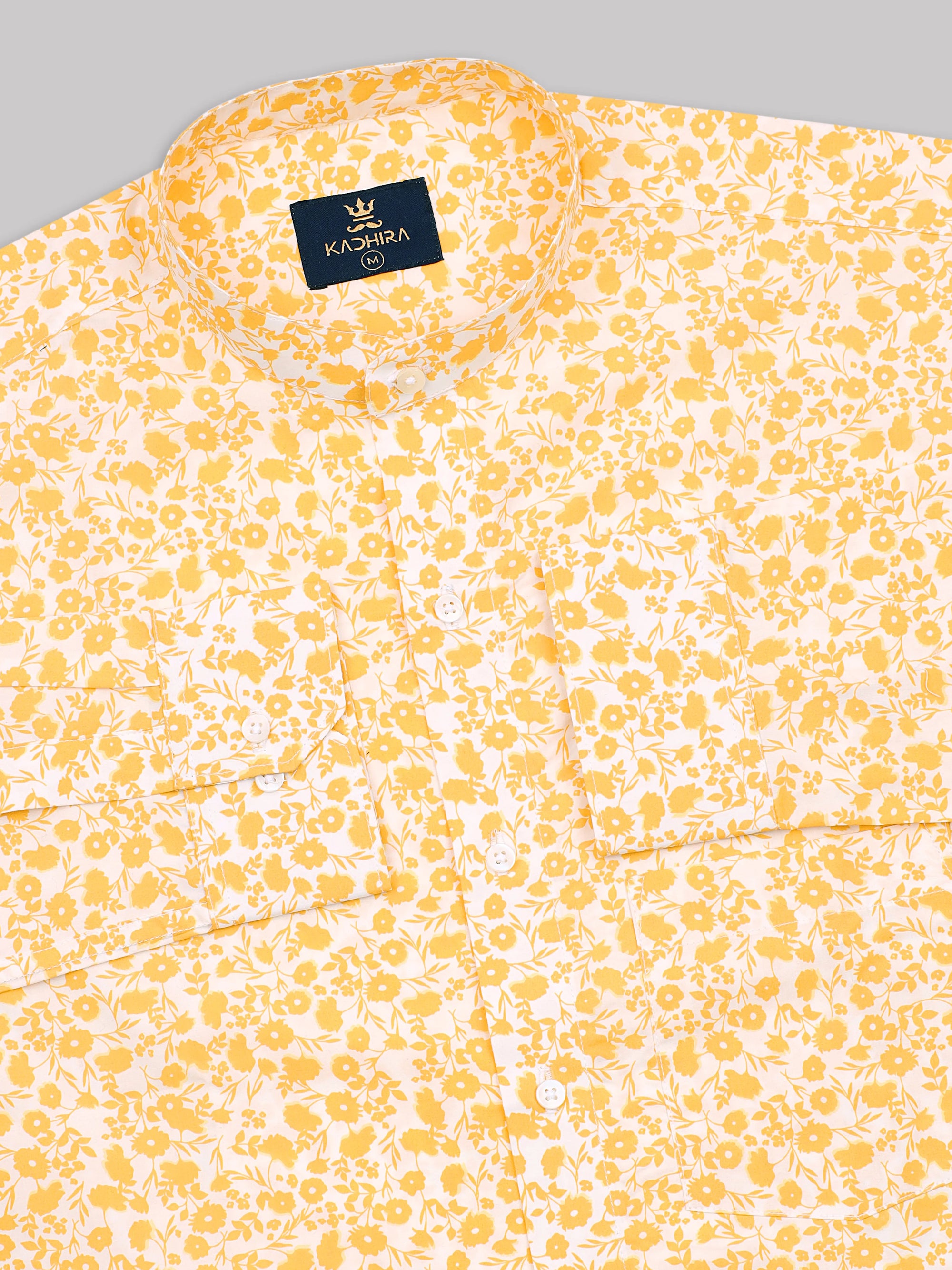 Ivory White  With  Sunflower Yellow Floral Printed Premium Cotton Shirt