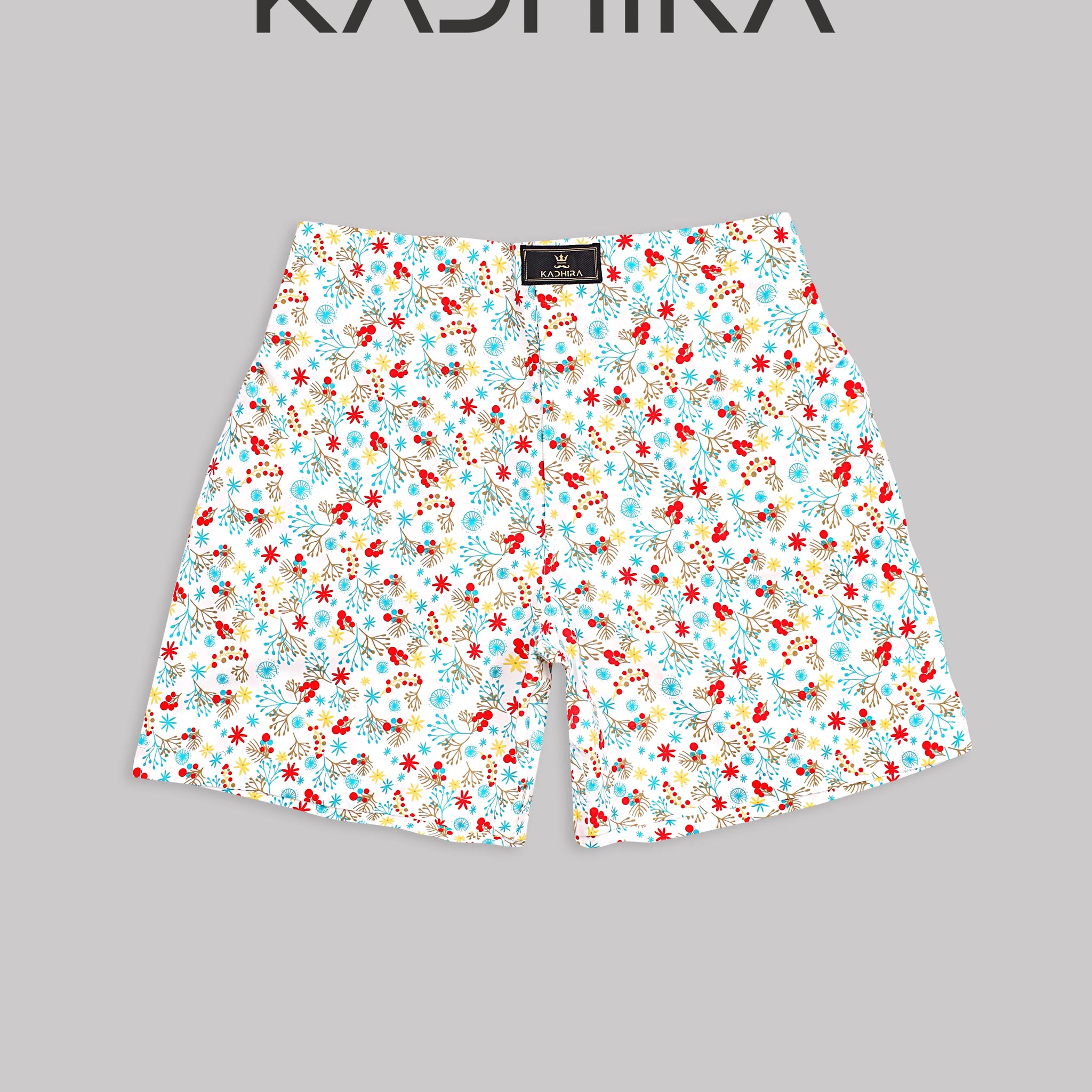 Bright White With Red-Blue Flower Printed Premium Cotton Boxer