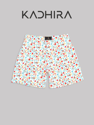 Bright White With Red-Blue Flower Printed Premium Cotton Boxer
