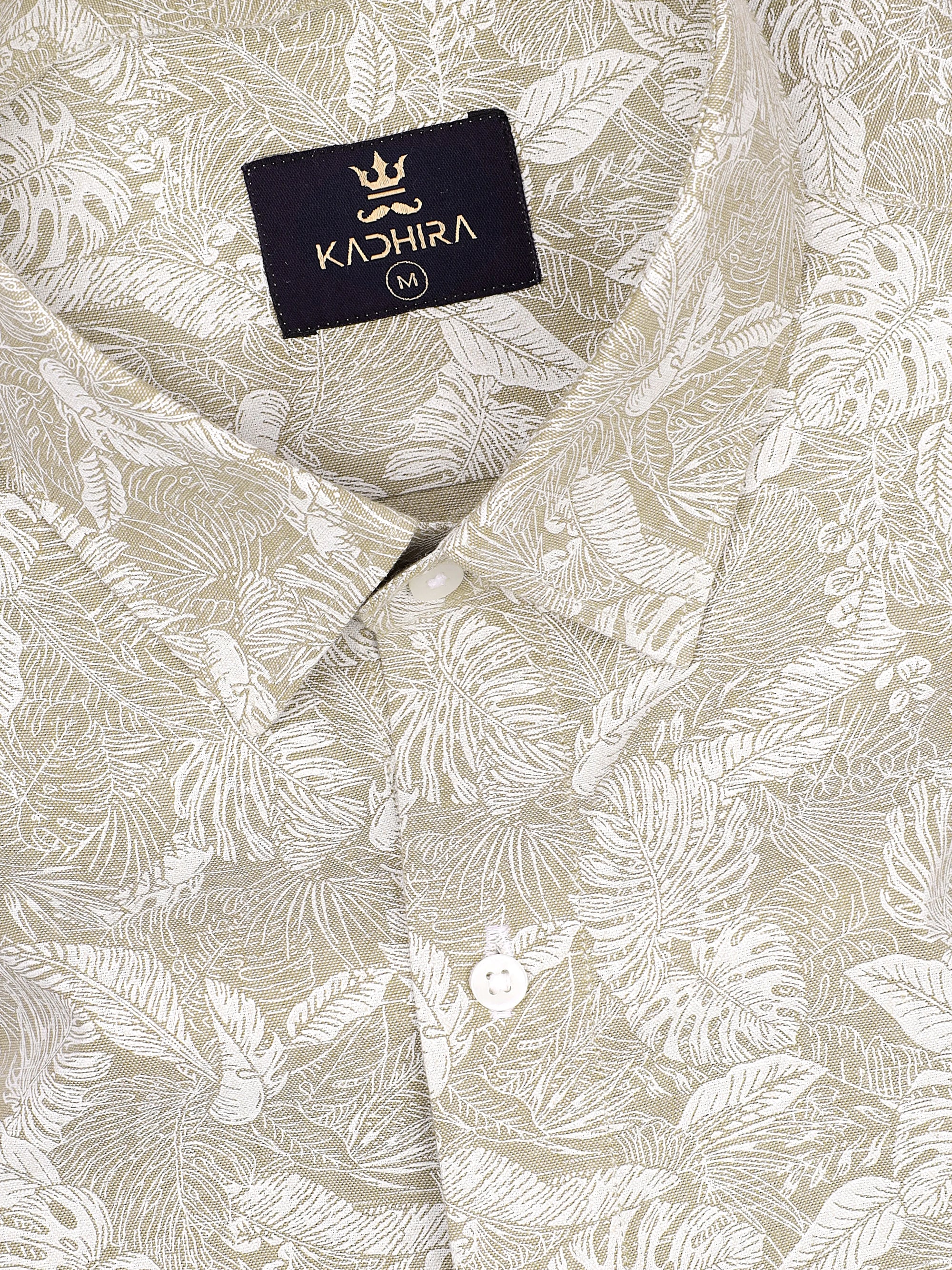 Classic Cream With White Leaf Printed Premium Cotton Shirt-[ON SALE]