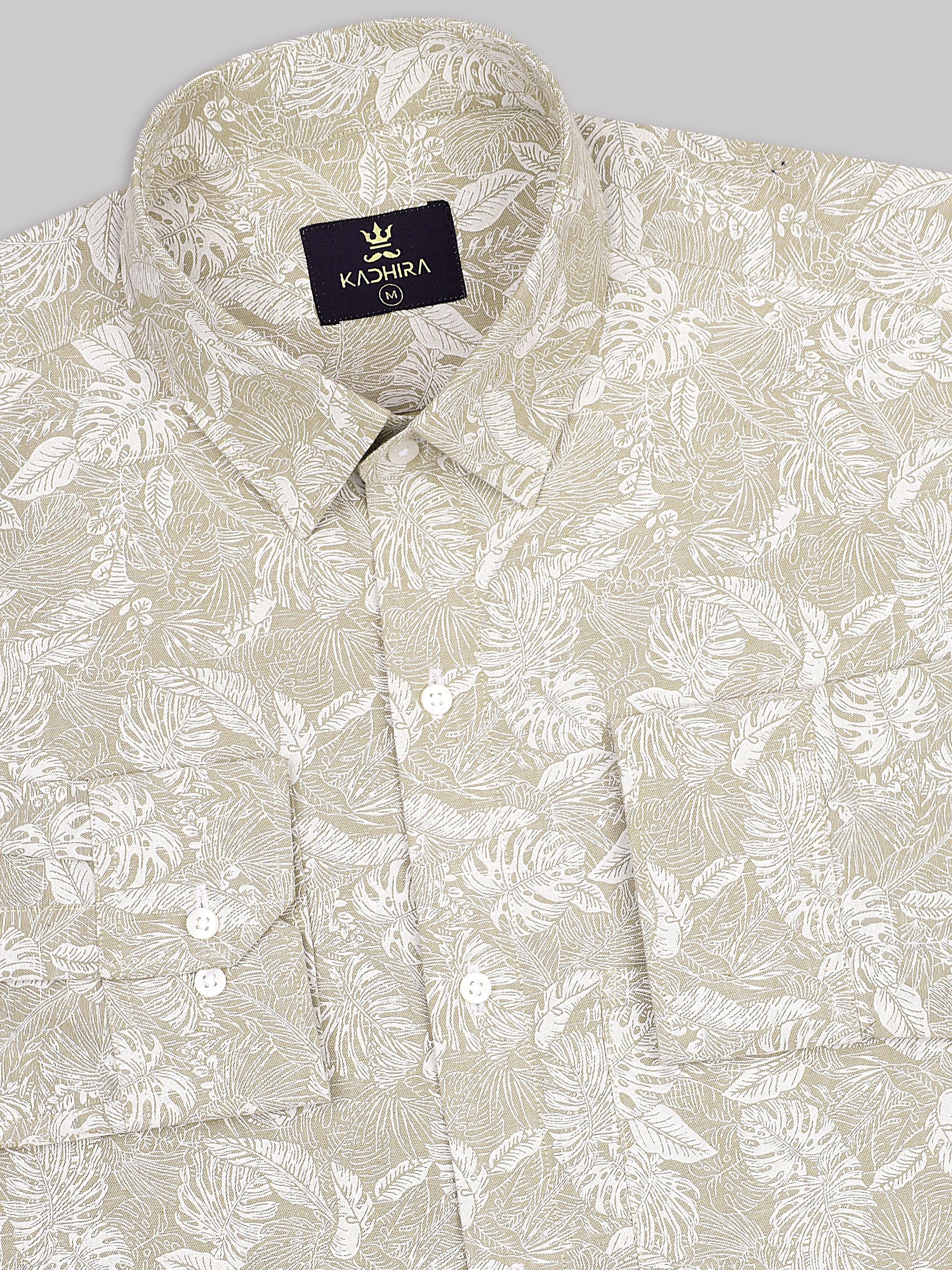 Classic Cream With White Leaf Printed Premium Cotton Shirt-[ON SALE]