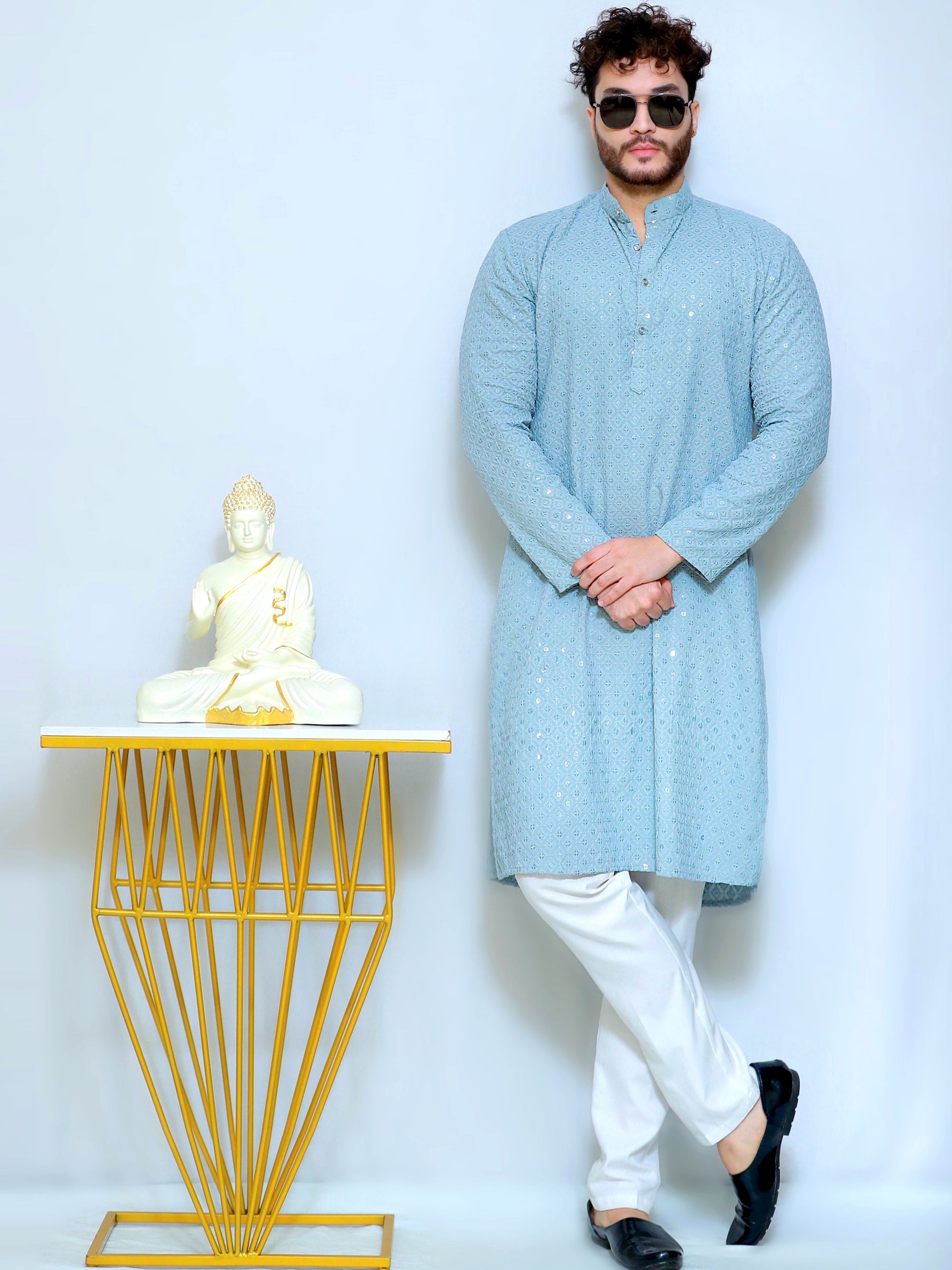 Light Blue With Heavy Sequence Embroidery Work Designer Cotton Kurta