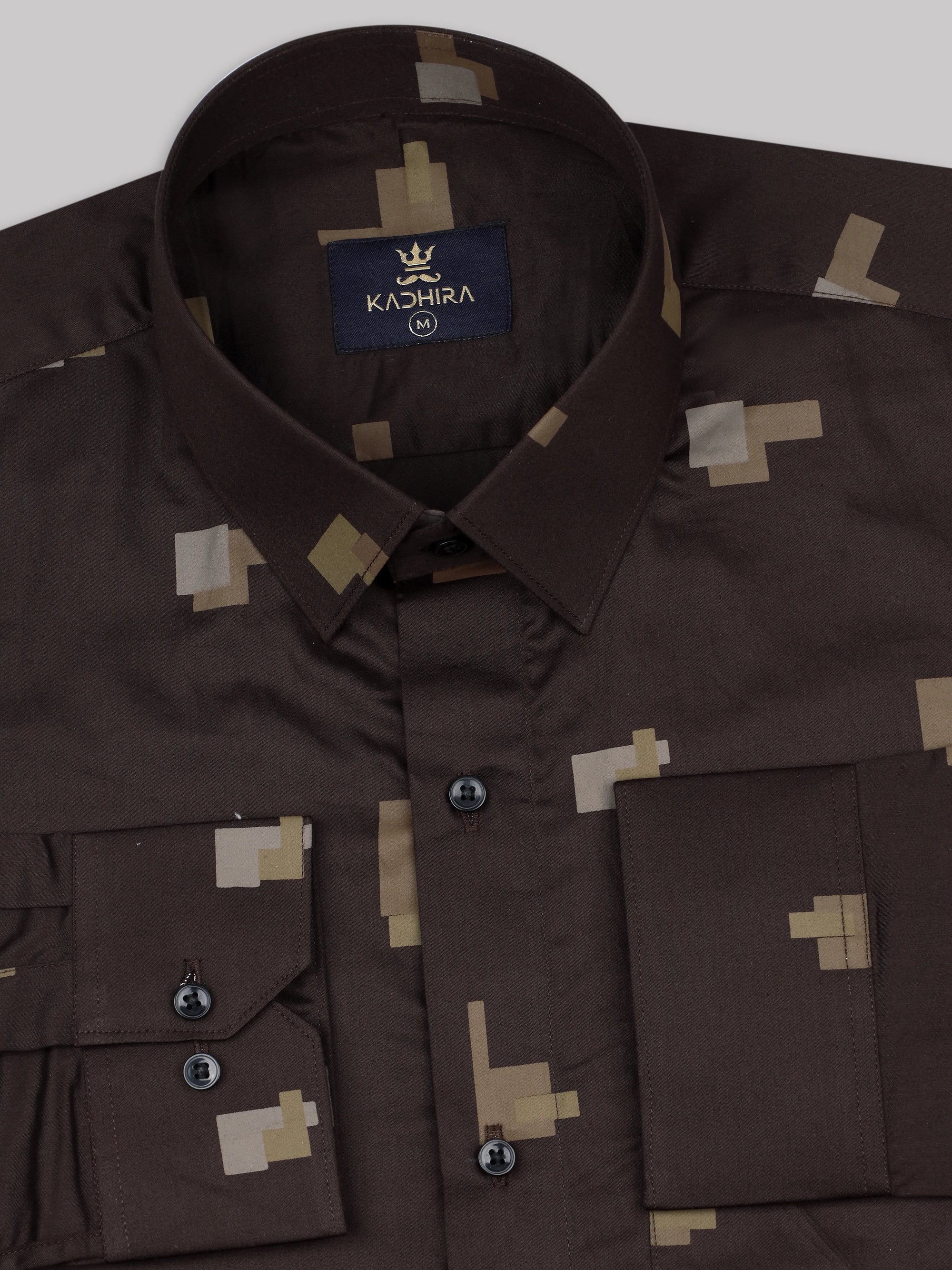 Dark Brown With Tetris Pattern Printed Premium Cotton Shirt