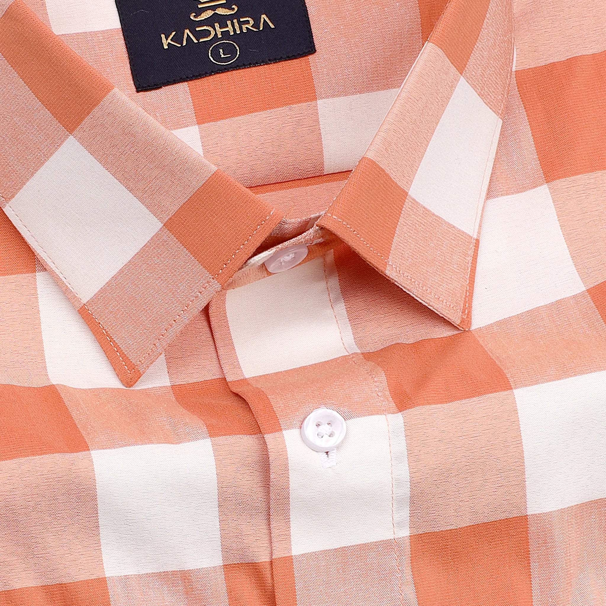 Bright White and Orange Checkered Dobby Textured Premium Giza Cotton Shirt