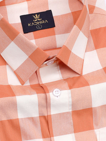Bright White and Orange Checkered Dobby Textured Premium Giza Cotton Shirt