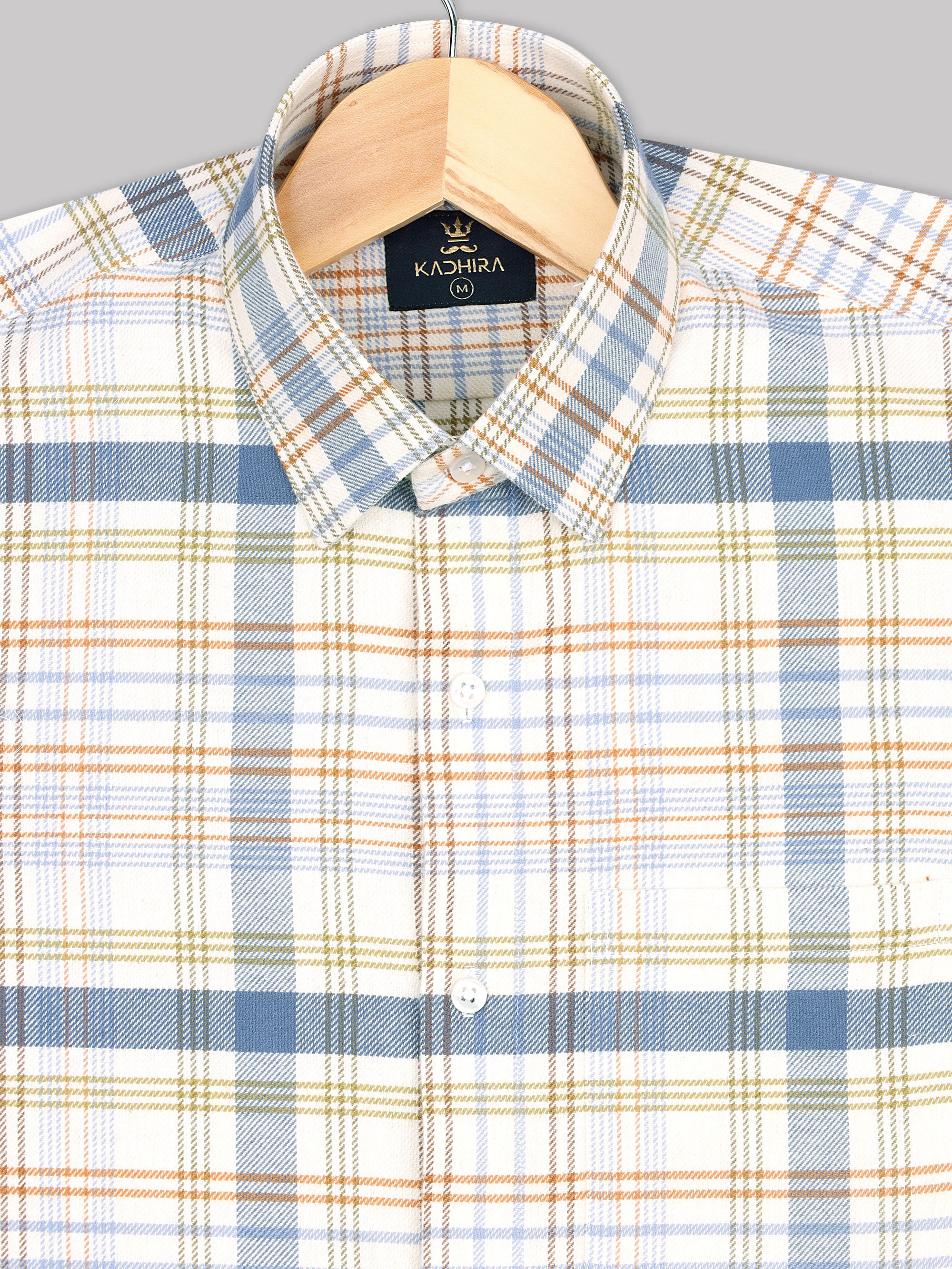 Daisy- Cream  With Blue Checkered Super Luxurious Cotton Shirt-[ON SALE]