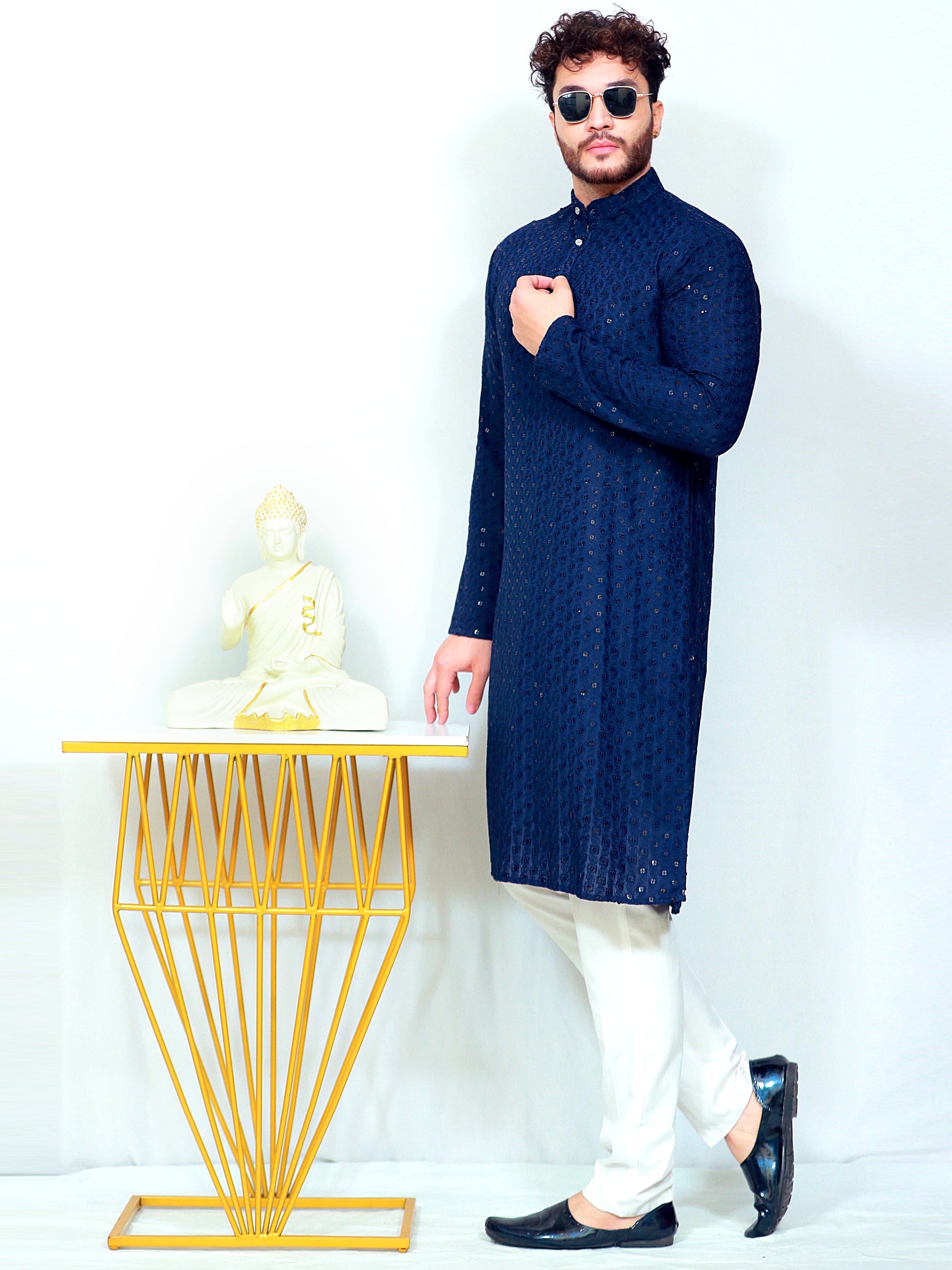 Navy Blue With Heavy Sequence Embroidery Work Designer Cotton Kurta