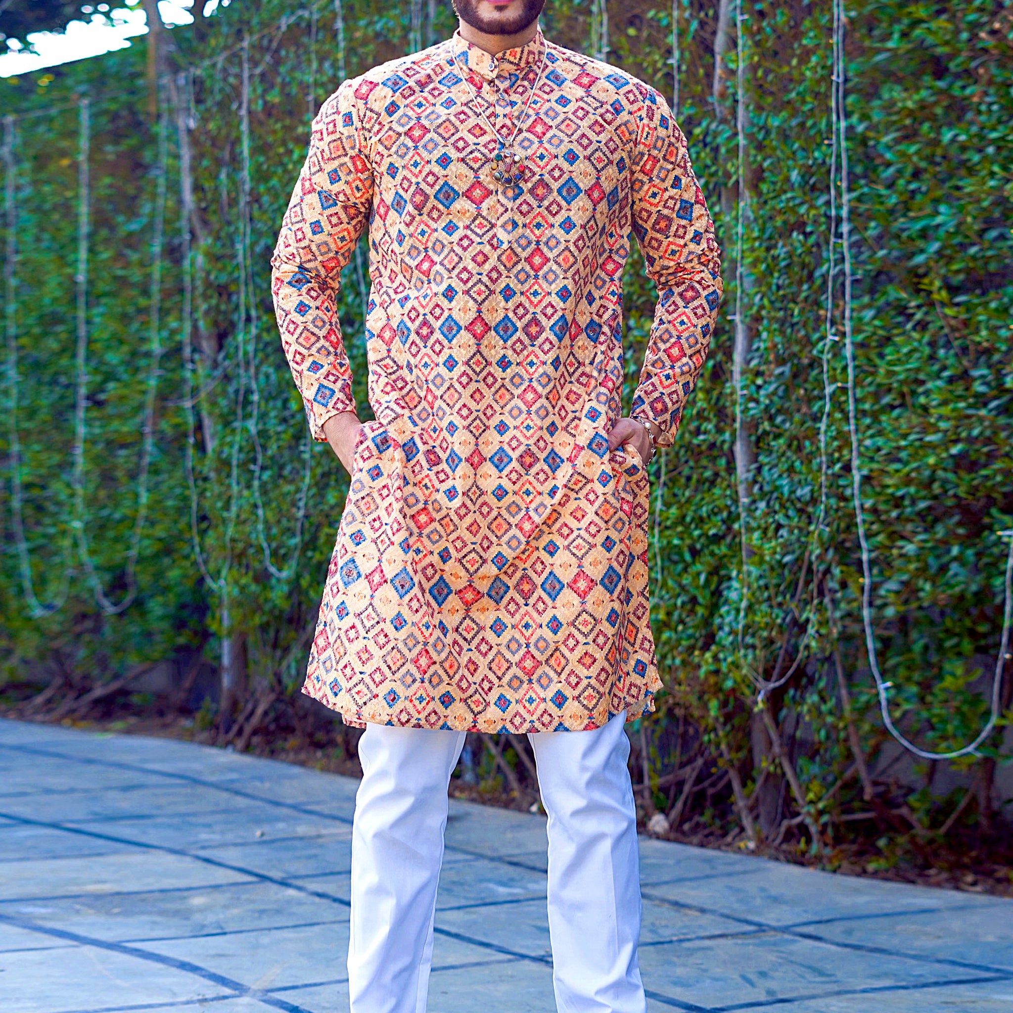 Cream With Blue -Red Damask Patterns Embroidery Printed Cotton Kurta