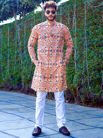 Cream With Blue -Red Damask Patterns Embroidery Printed Cotton Kurta