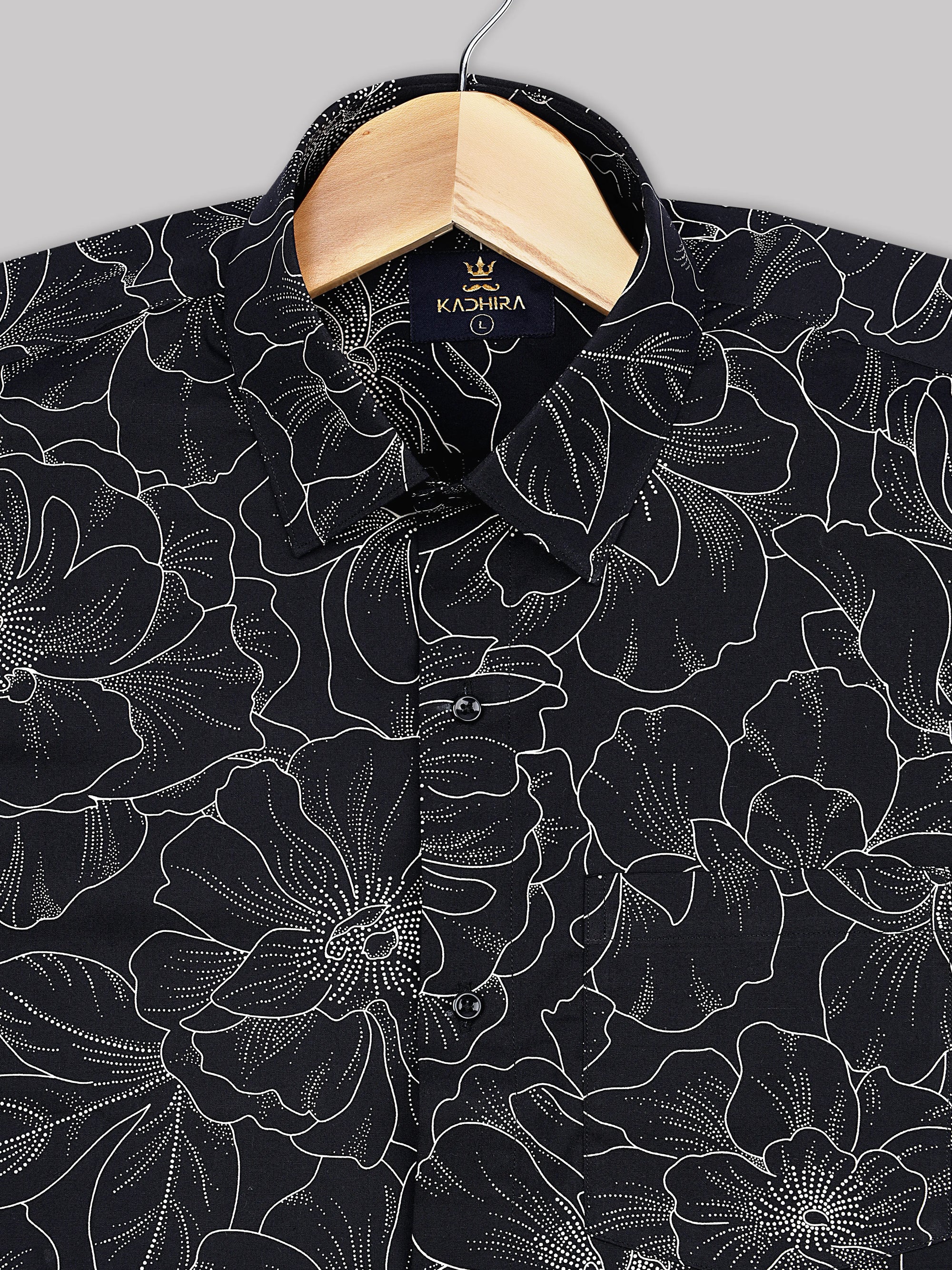 Warm Black with White Massive Flower Printed Premium Cotton Shirt