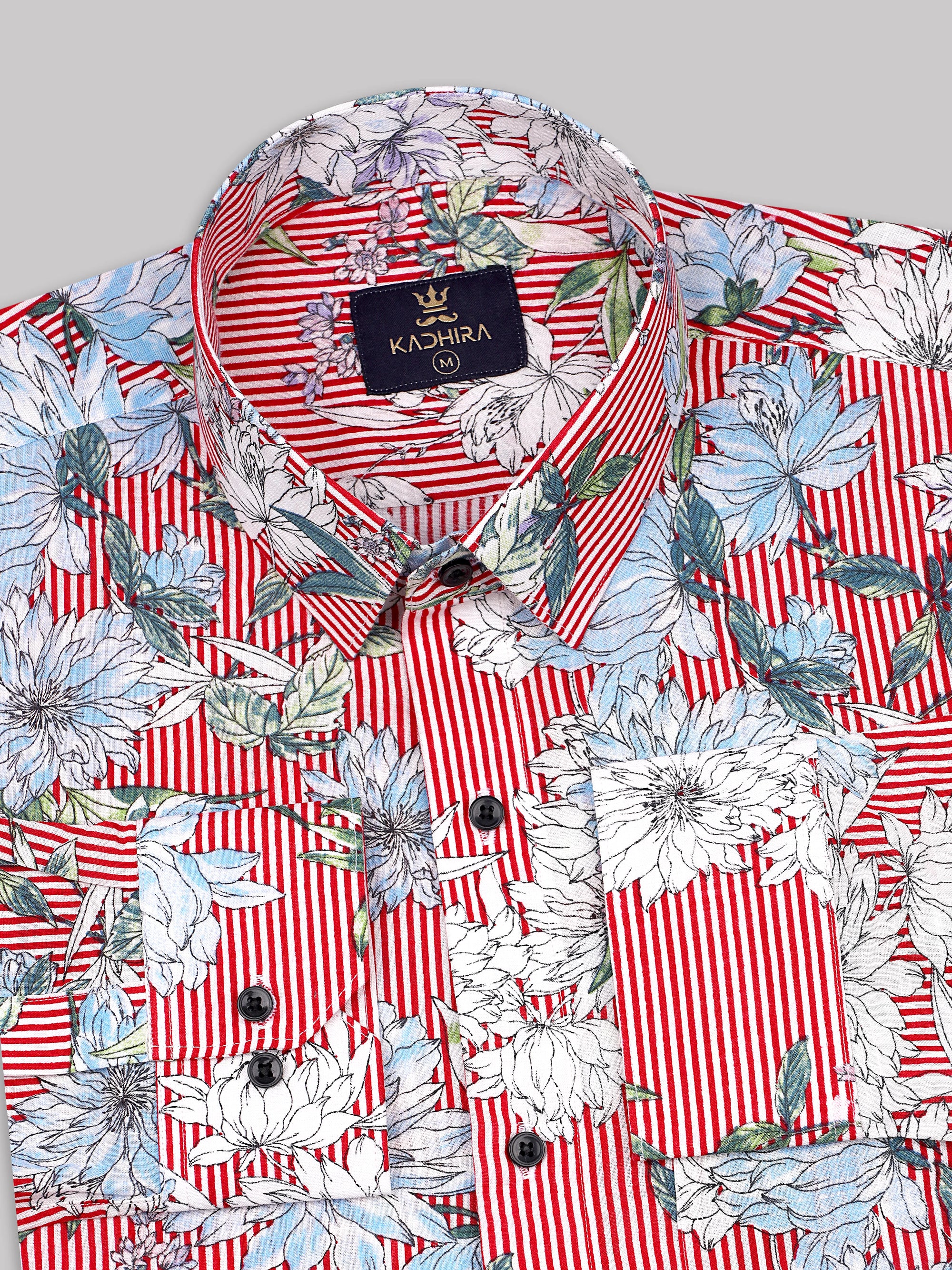 Pure Red With White Strips  Lily Flower Printed Premium Cotton Shirt