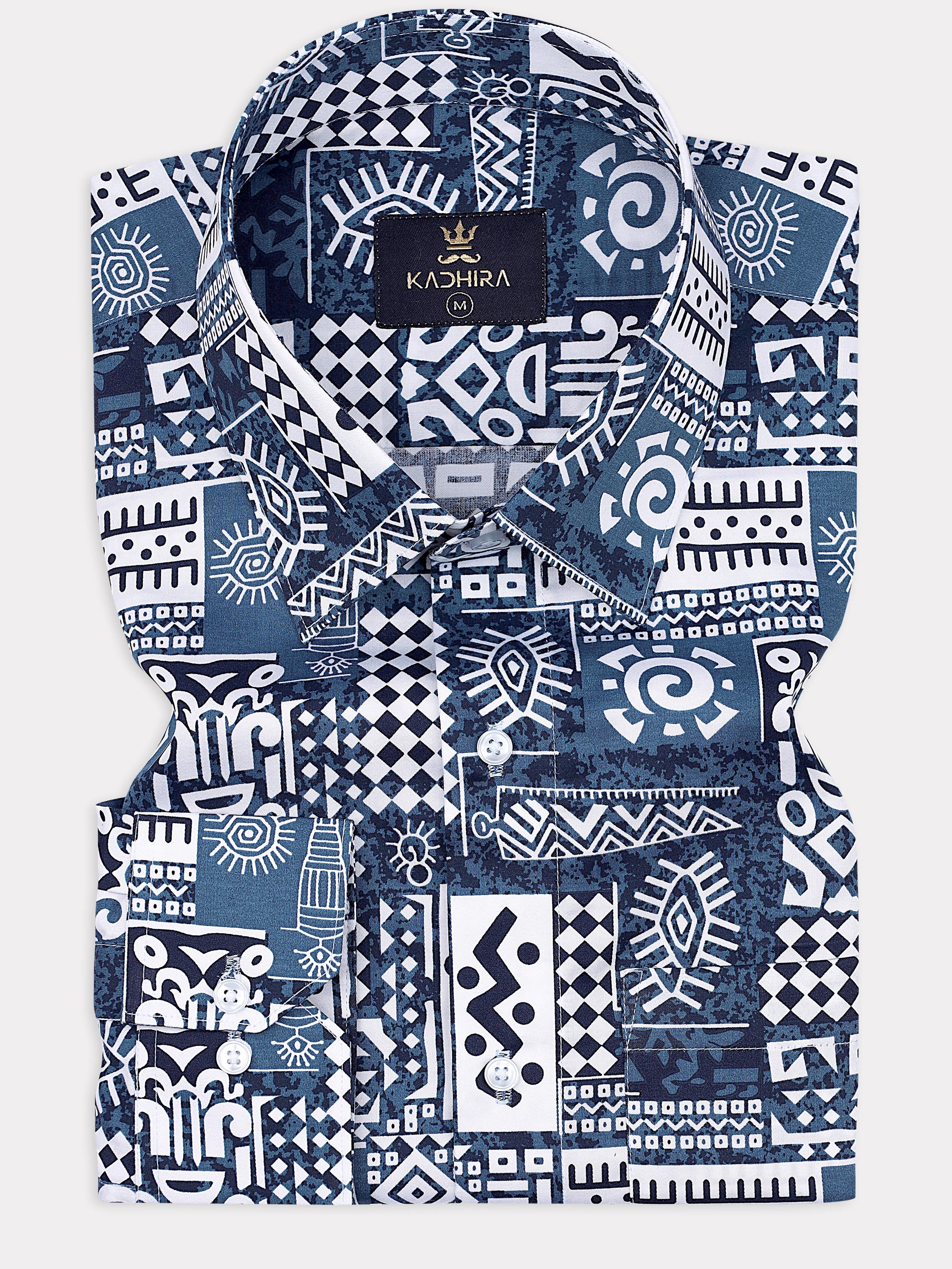 Steel Blue Printed Pattern With White Super Premium Cotton Shirt-[ON SALE]