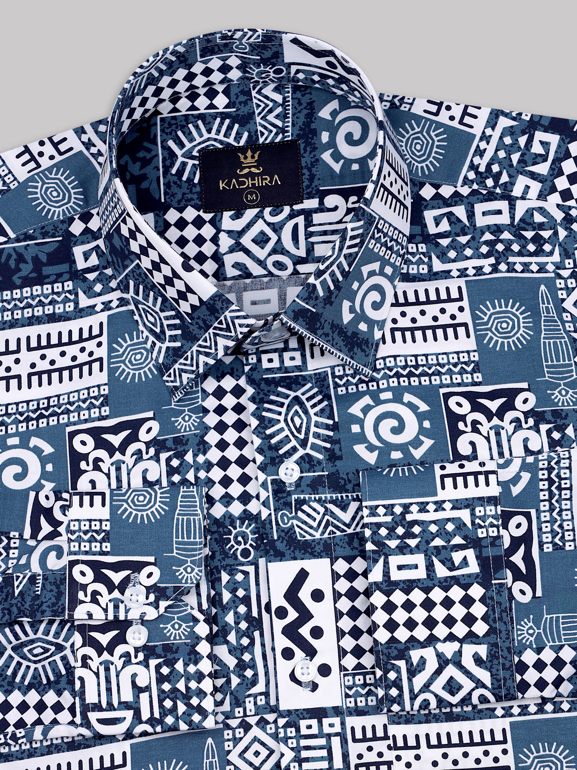 Steel Blue Printed Pattern With White Super Premium Cotton Shirt-[ON SALE]