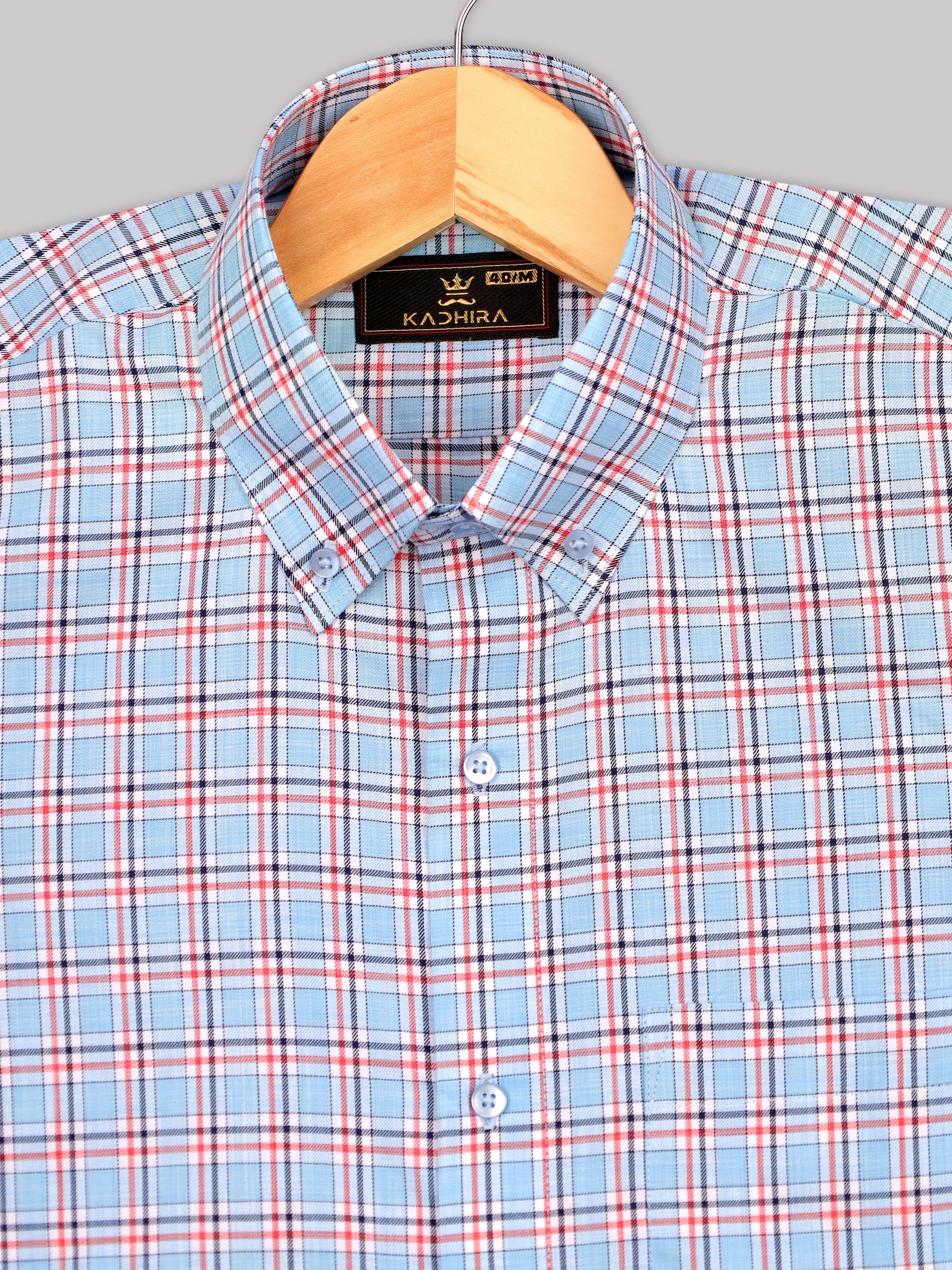 Sky Blue With Red And Navy Tattersall Check Premium Cotton Shirt