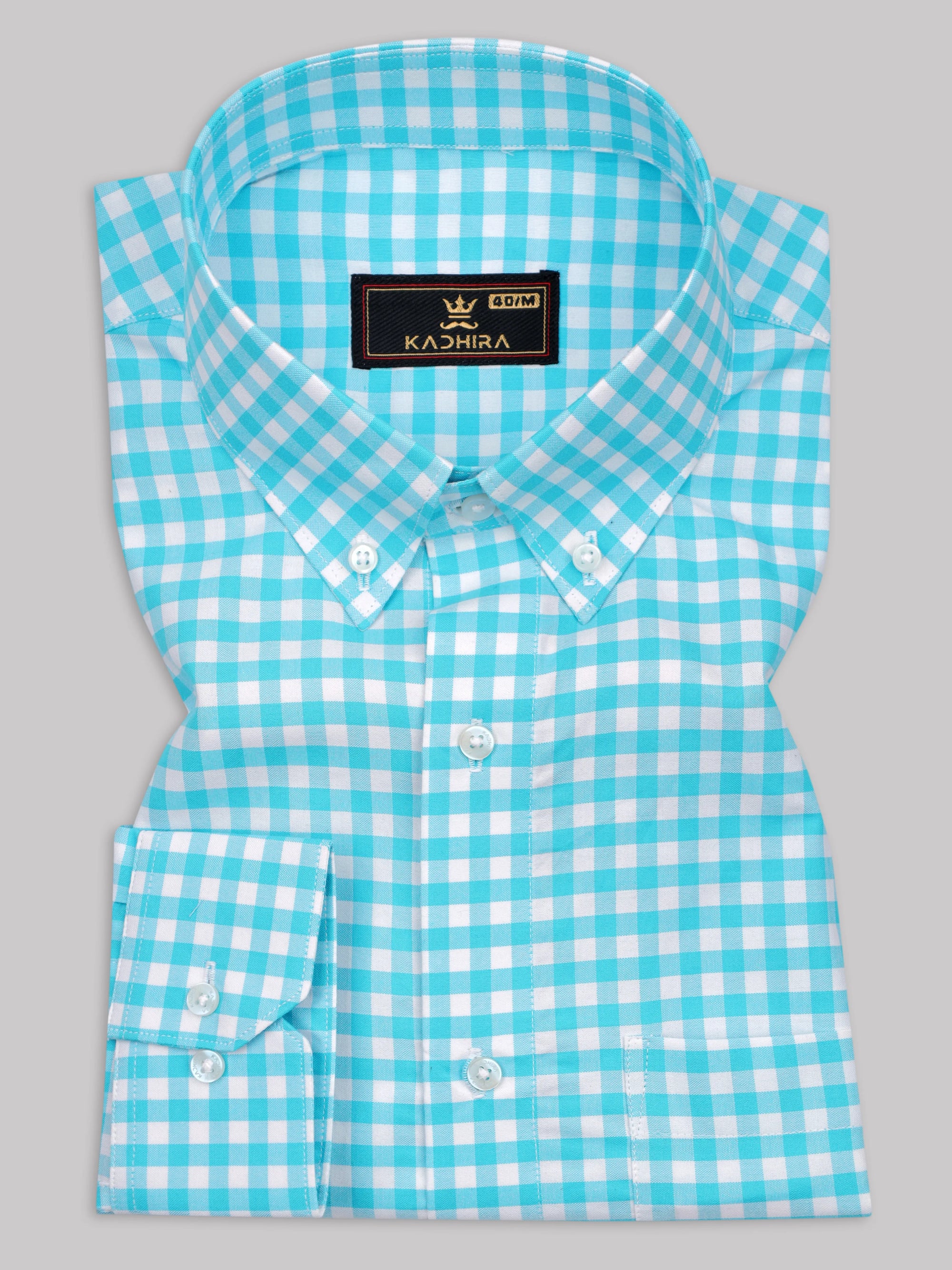 Aqua Blue With White Gingham Check Premium Cotton Shirt