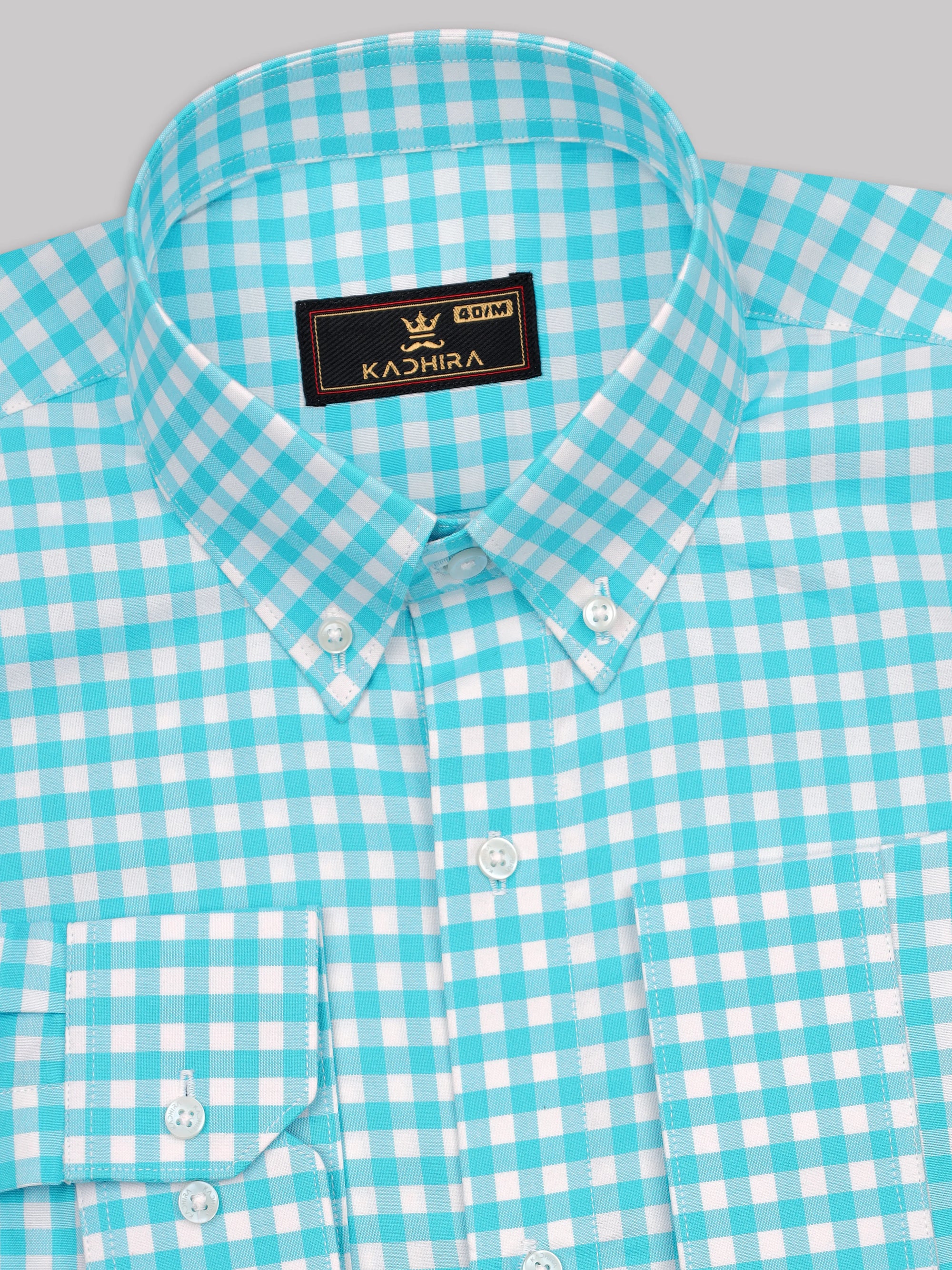 Aqua Blue With White Gingham Check Premium Cotton Shirt