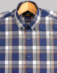 Navy Blue With Grey And Orange Tartan Check Premium Cotton Shirt