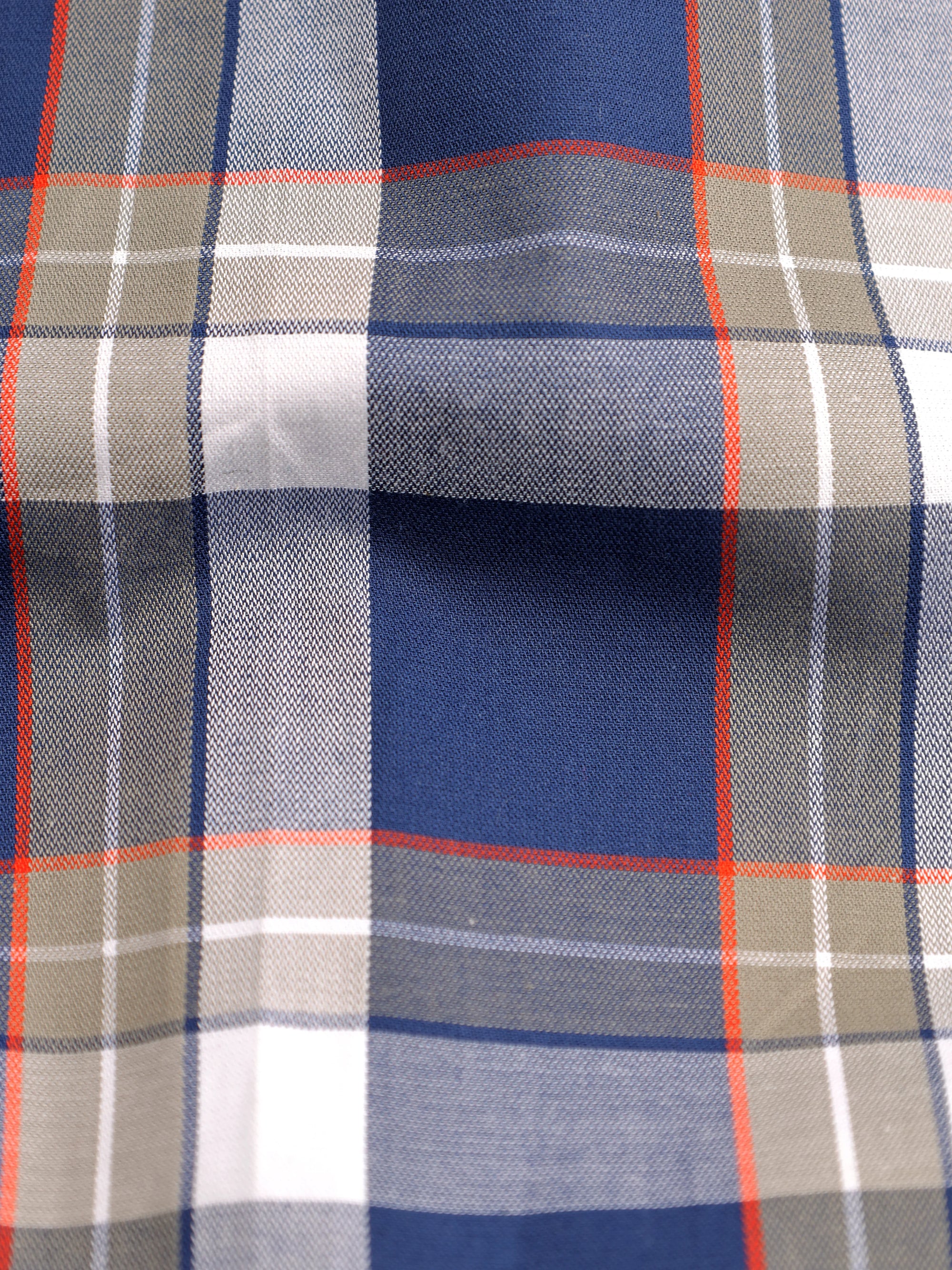 Navy Blue With Grey And Orange Tartan Check Premium Cotton Shirt