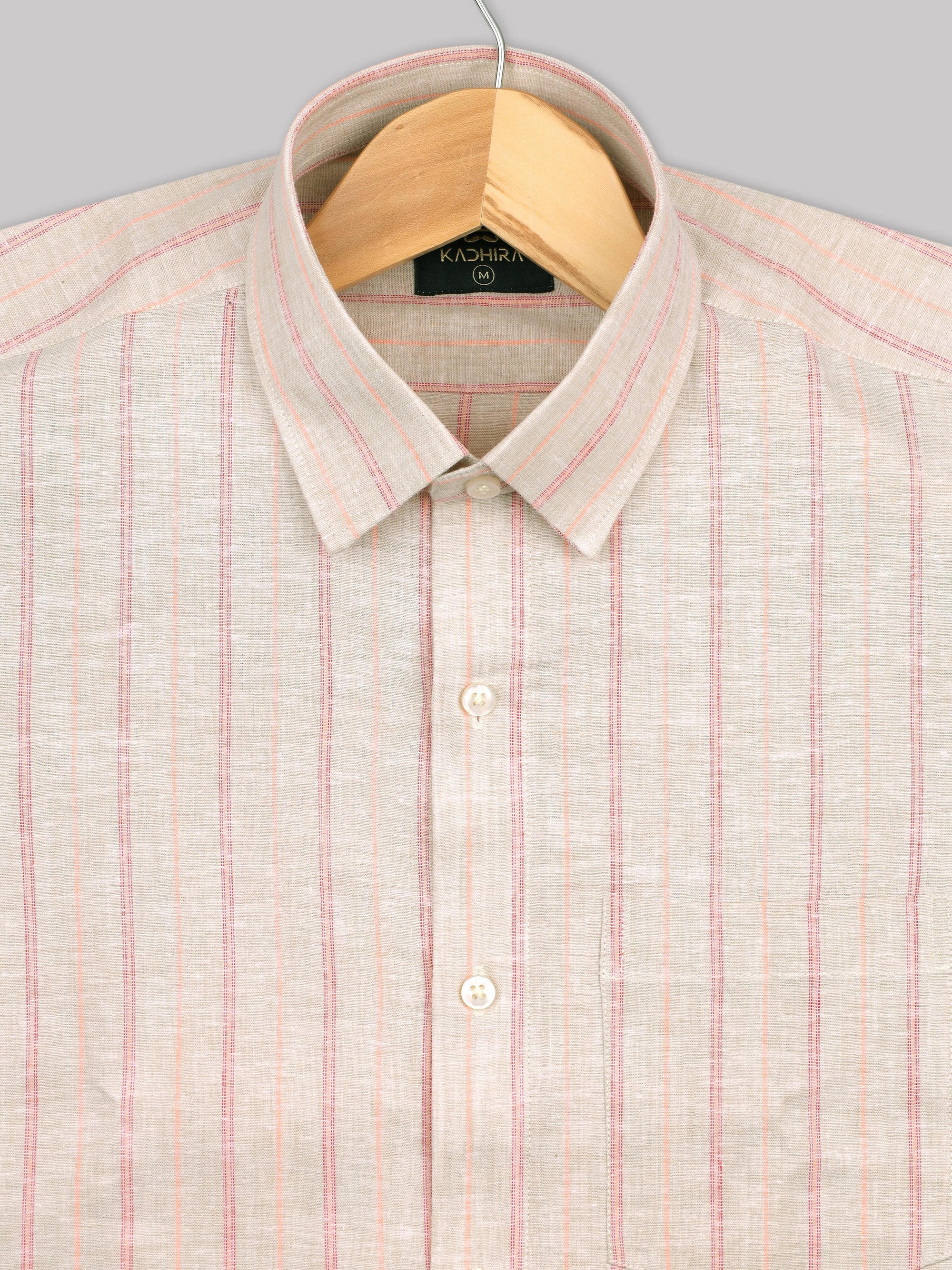 Beige Cream With Red And Orange Stripe Pure Linen Shirt-[ONSALE]