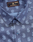 Denim Blue With White Paisley Printed Jacquard Cotton Shirt