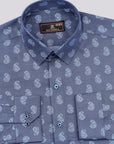Denim Blue With White Paisley Printed Jacquard Cotton Shirt