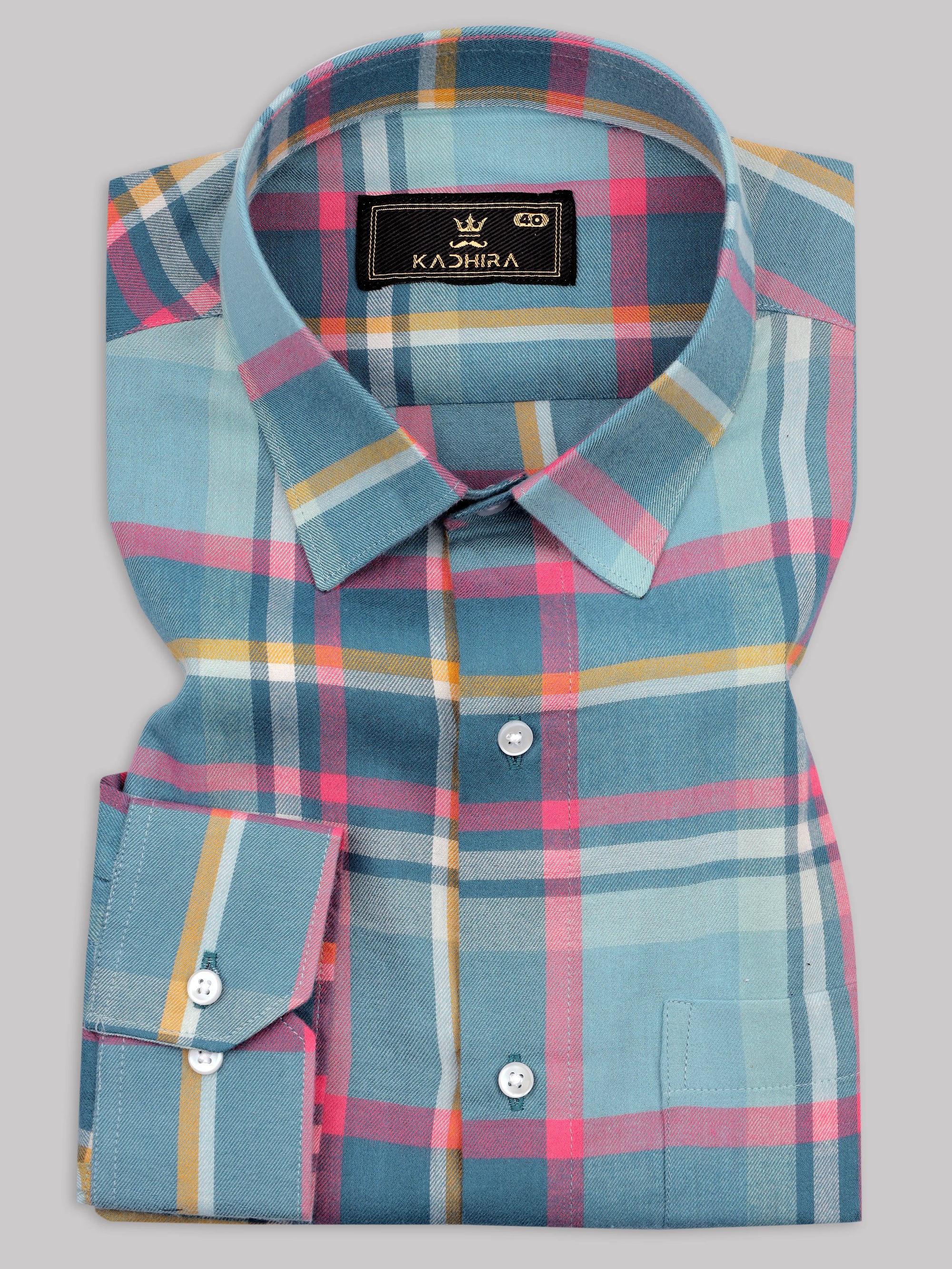Teal Blue With Pink Tartan Checks Premium Cotton Shirt
