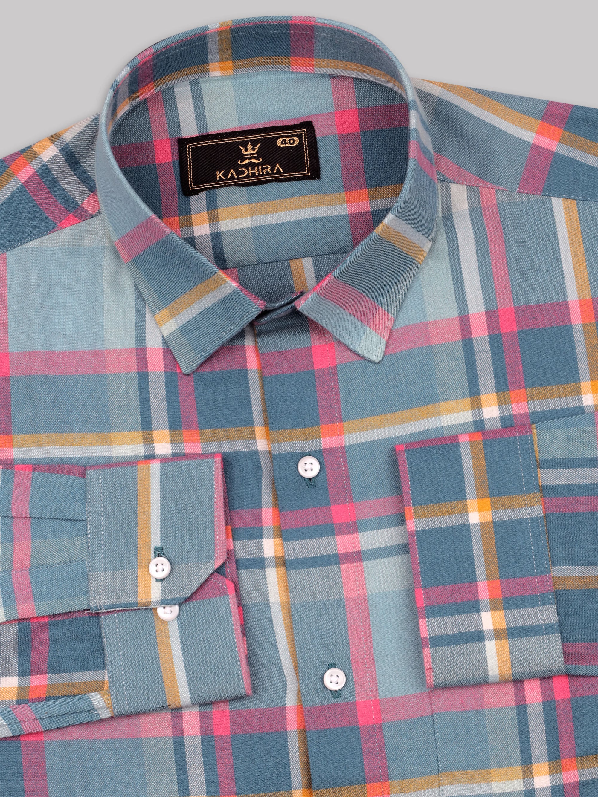 Teal Blue With Pink Tartan Checks Premium Cotton Shirt