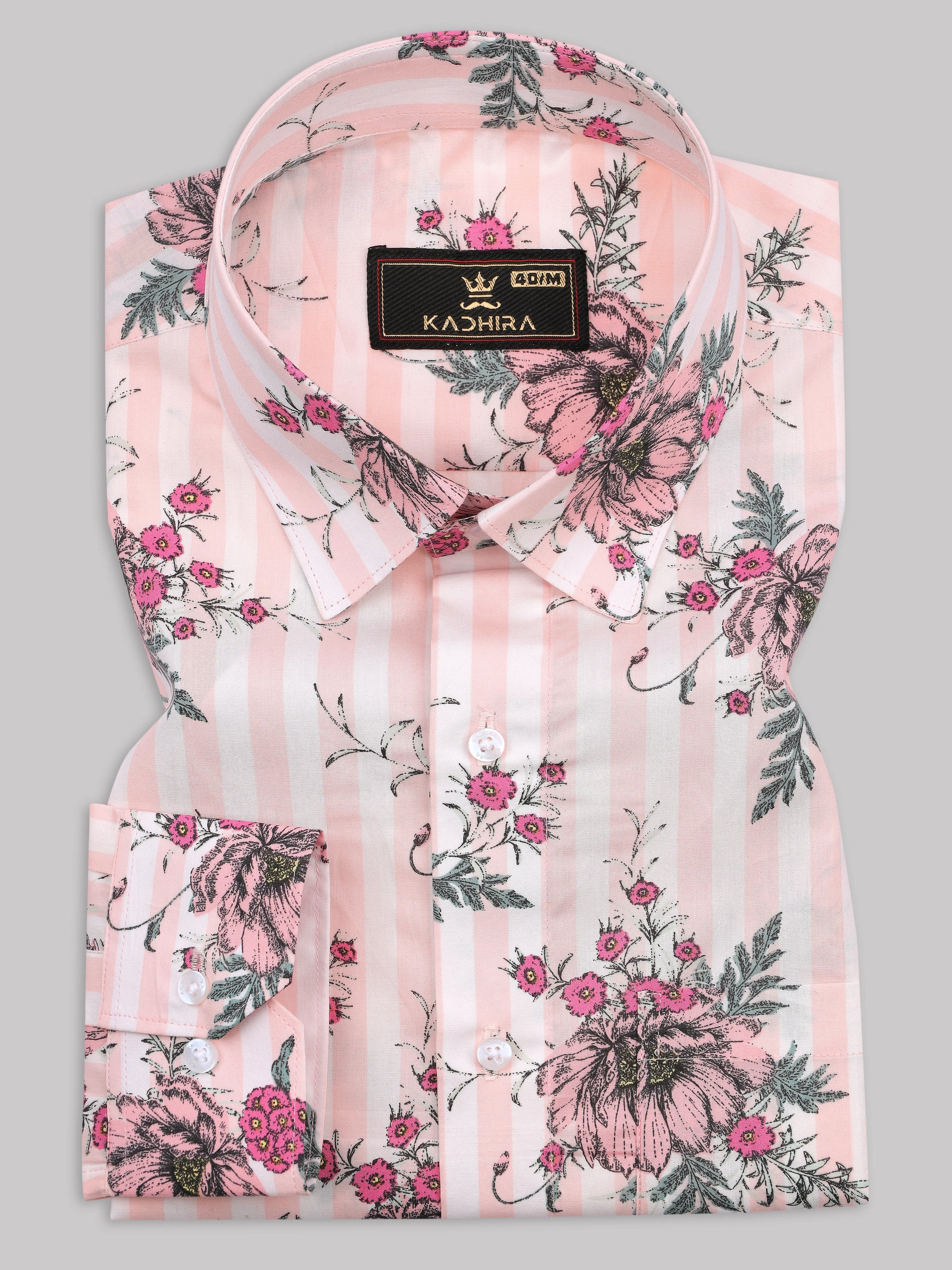 Light Pink With White And Pink Flower Printed Premium Cotton Shirt