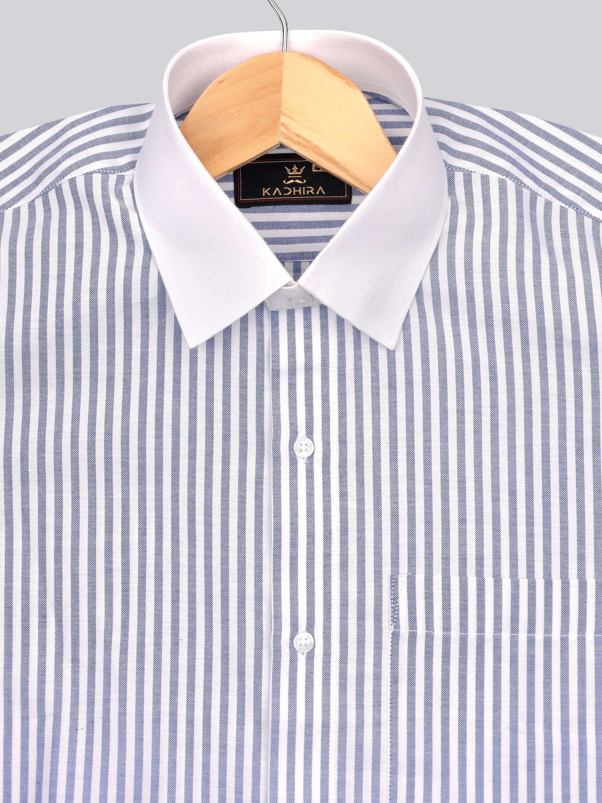 Soft White- Slate Blue With White Collar Stripe Premium Cotton Shirt