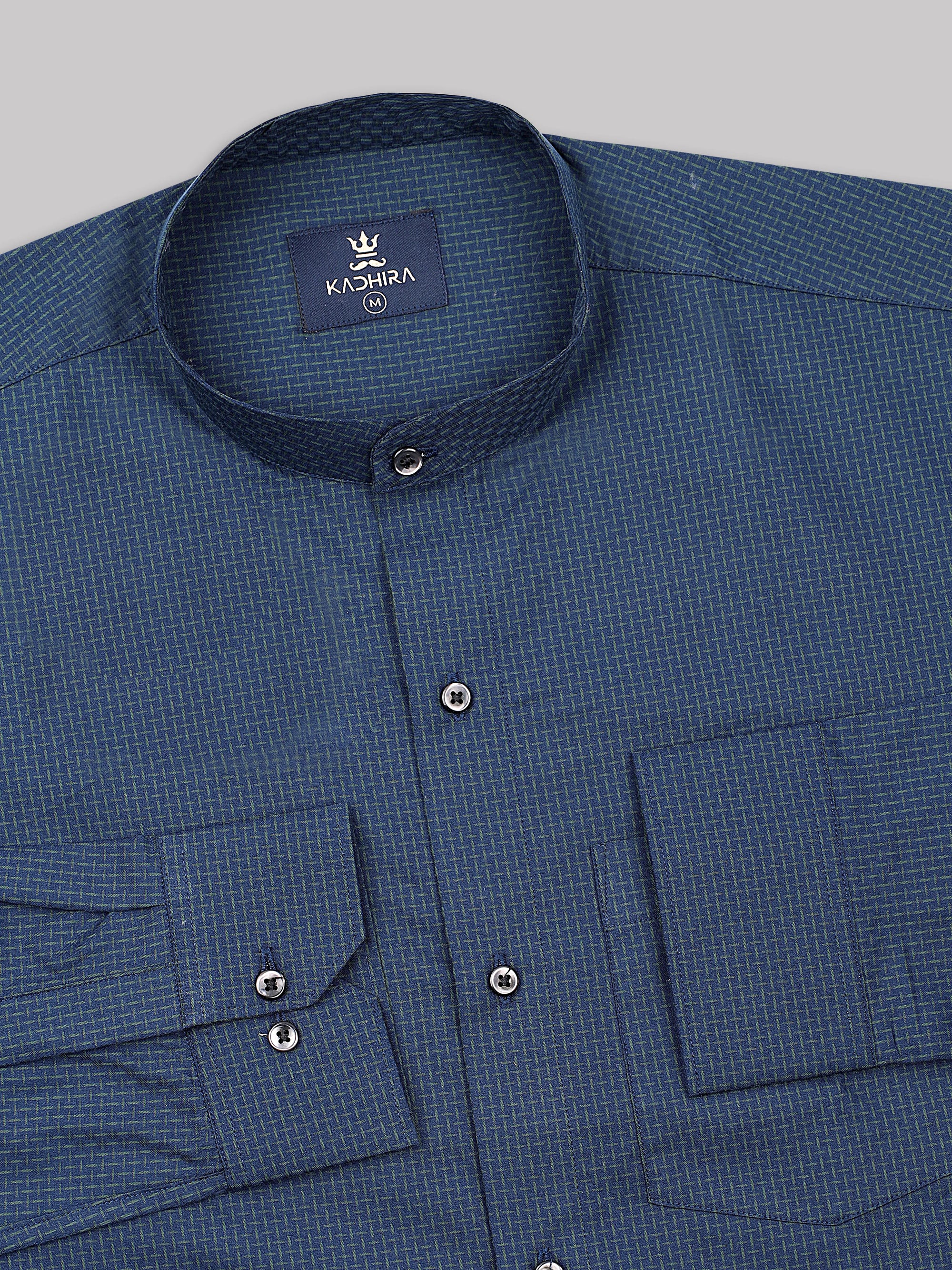 Navy Blue With Green Printed Premium Cotton Shirt
