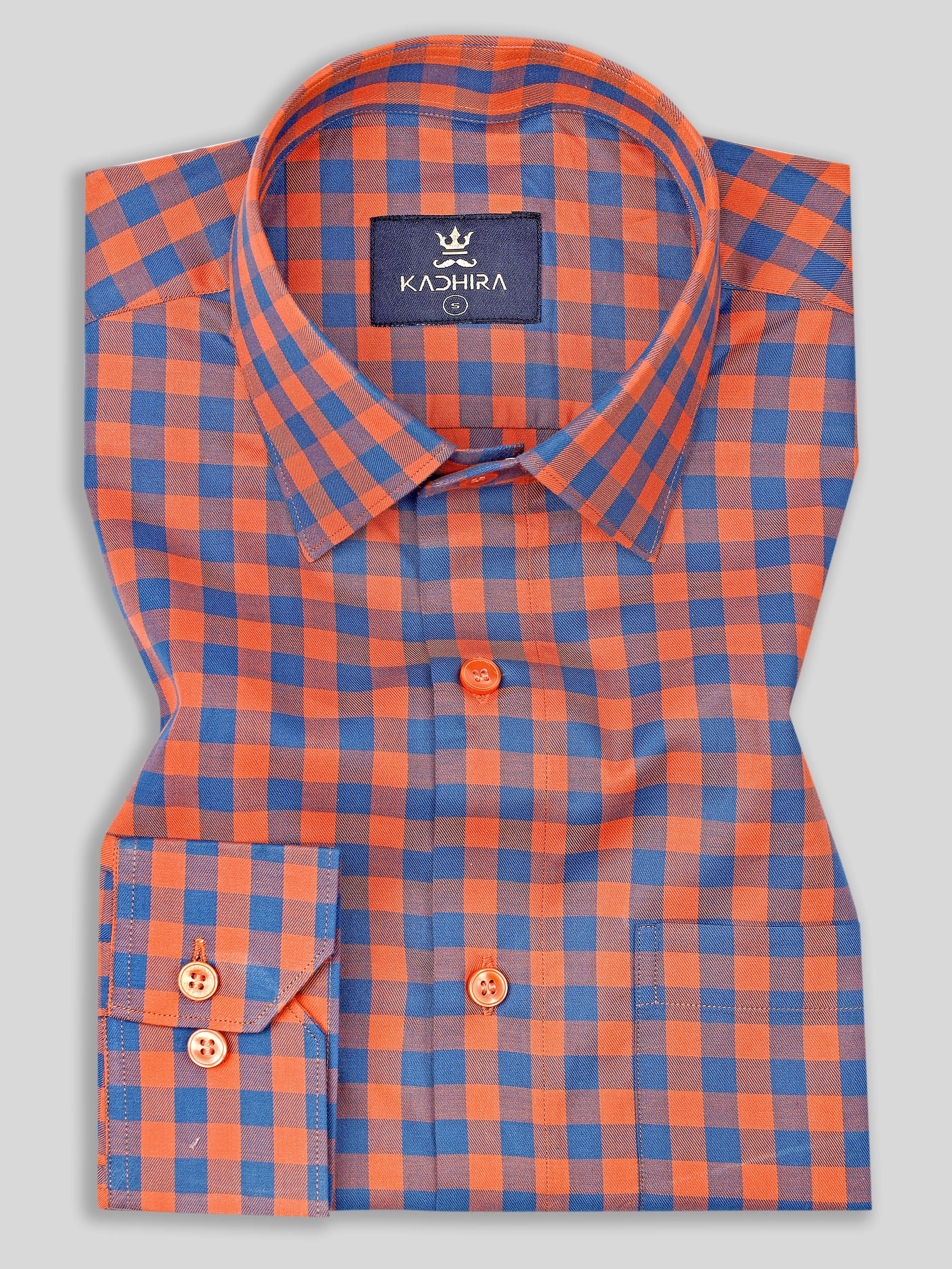 Metallic Orange With Lowes Blue Checkered Premium Cotton Shirt