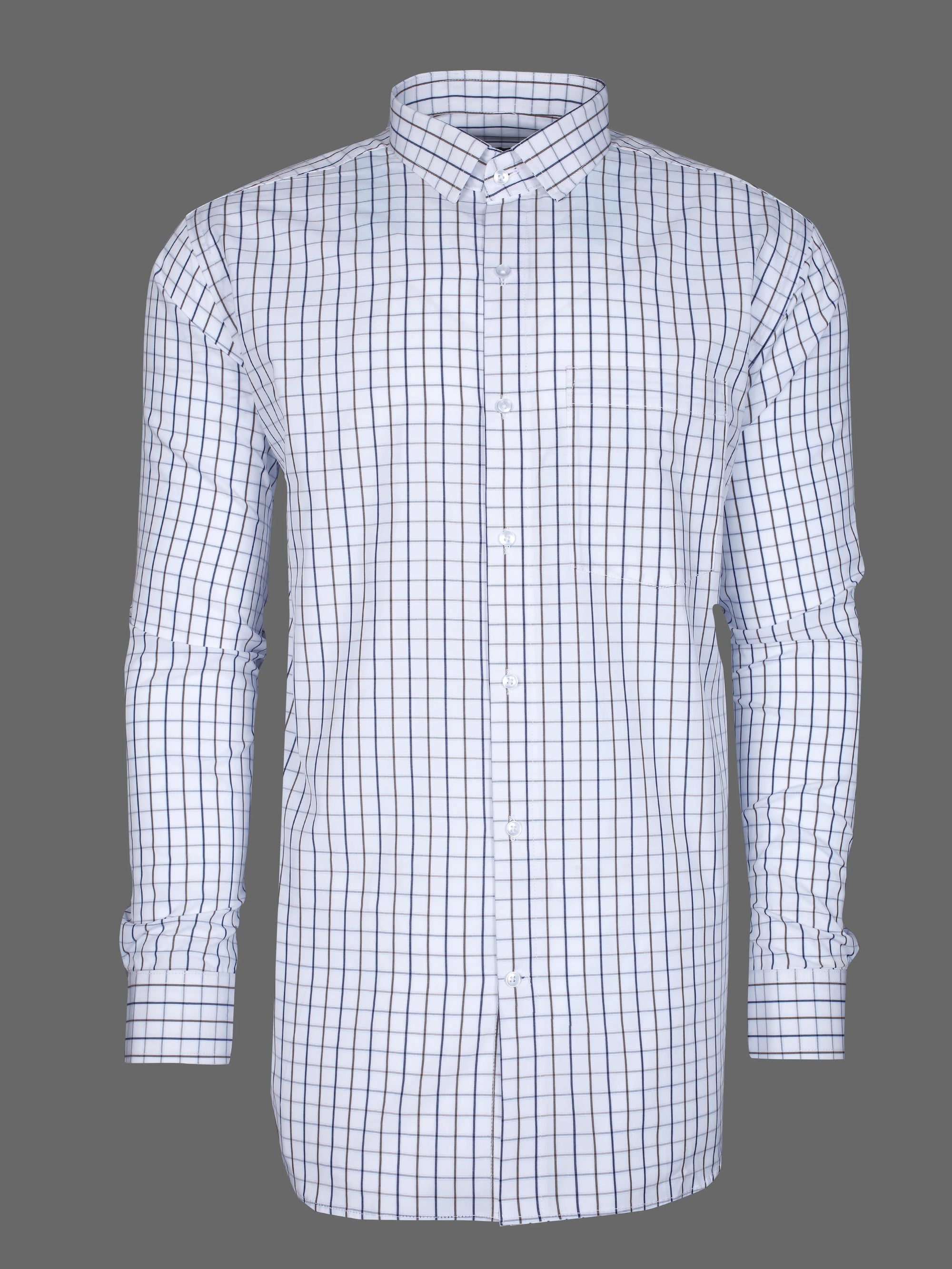 Pearl White With Brown-Blue Checkered  Premium Cotton Shirt-[ON SALE]